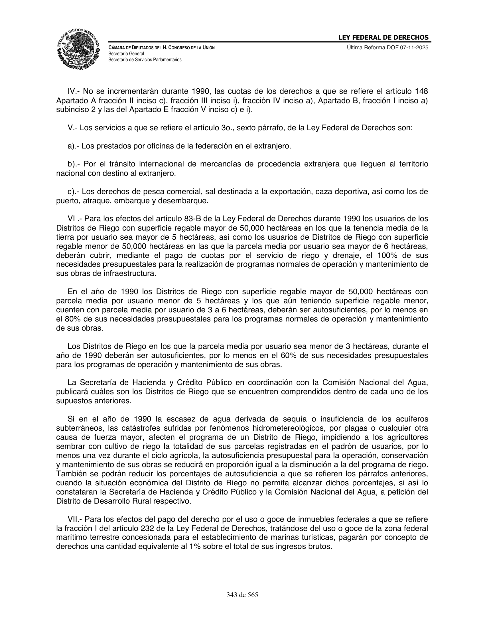 Ley Federal de Derechos — official Chamber compilation — original physical page 343 of 565; complete original page image governs, native search text may be incomplete.