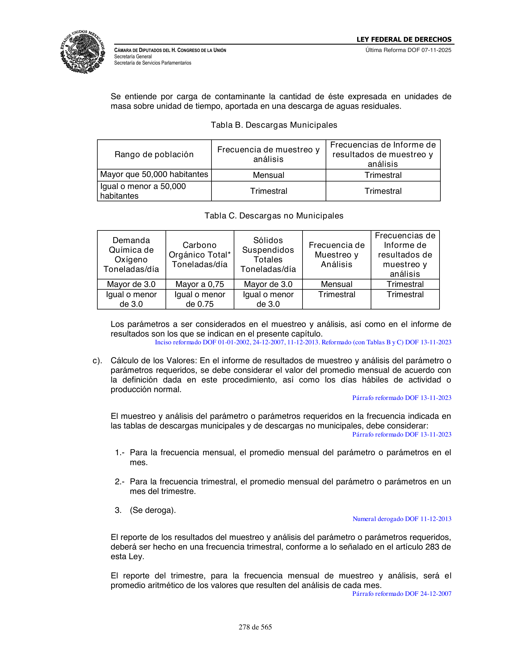 Ley Federal de Derechos — official Chamber compilation — original physical page 278 of 565; complete original page image governs, native search text may be incomplete.