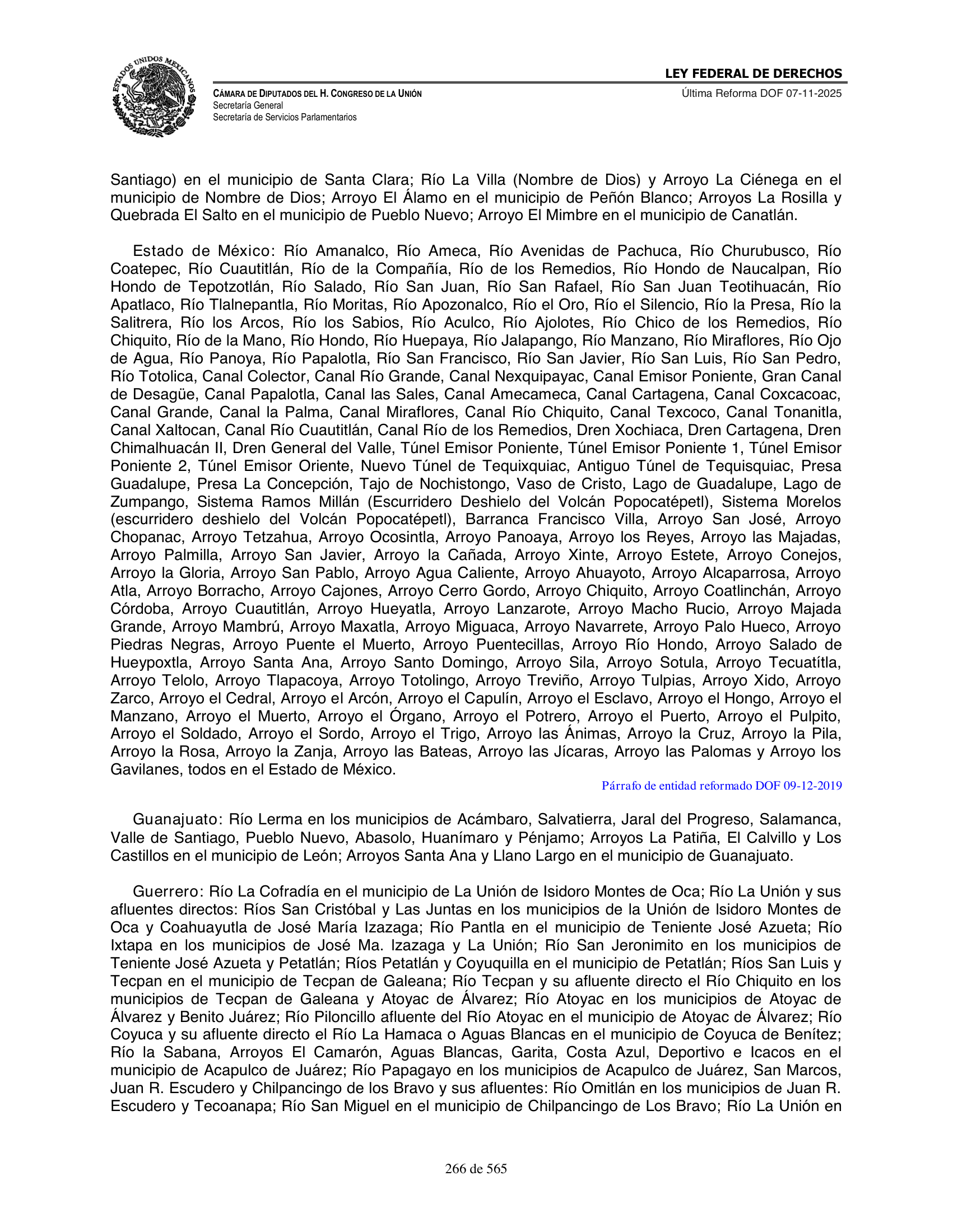 Ley Federal de Derechos — official Chamber compilation — original physical page 266 of 565; complete original page image governs, native search text may be incomplete.