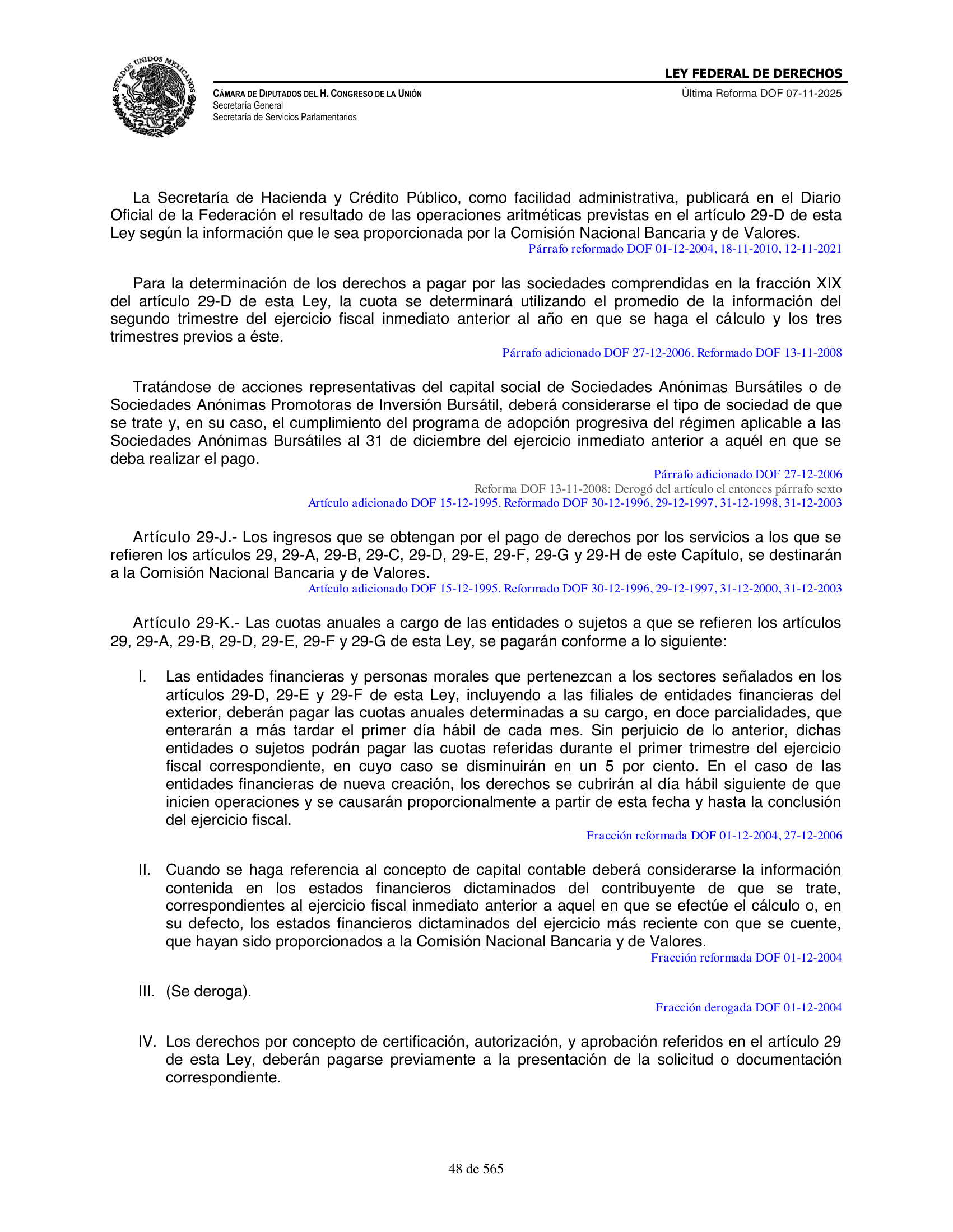 Ley Federal de Derechos — official Chamber compilation — original physical page 48 of 565; complete original page image governs, native search text may be incomplete.
