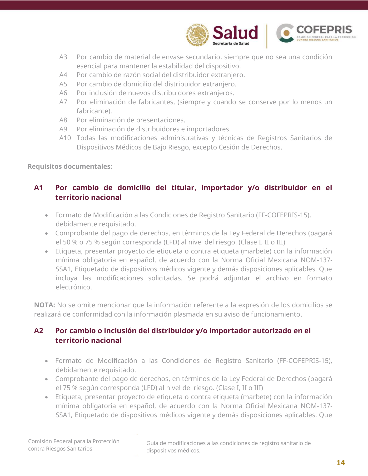 COFEPRIS — Guía de modificaciones de dispositivos médicos, diciembre 2025 — official PDF page 14