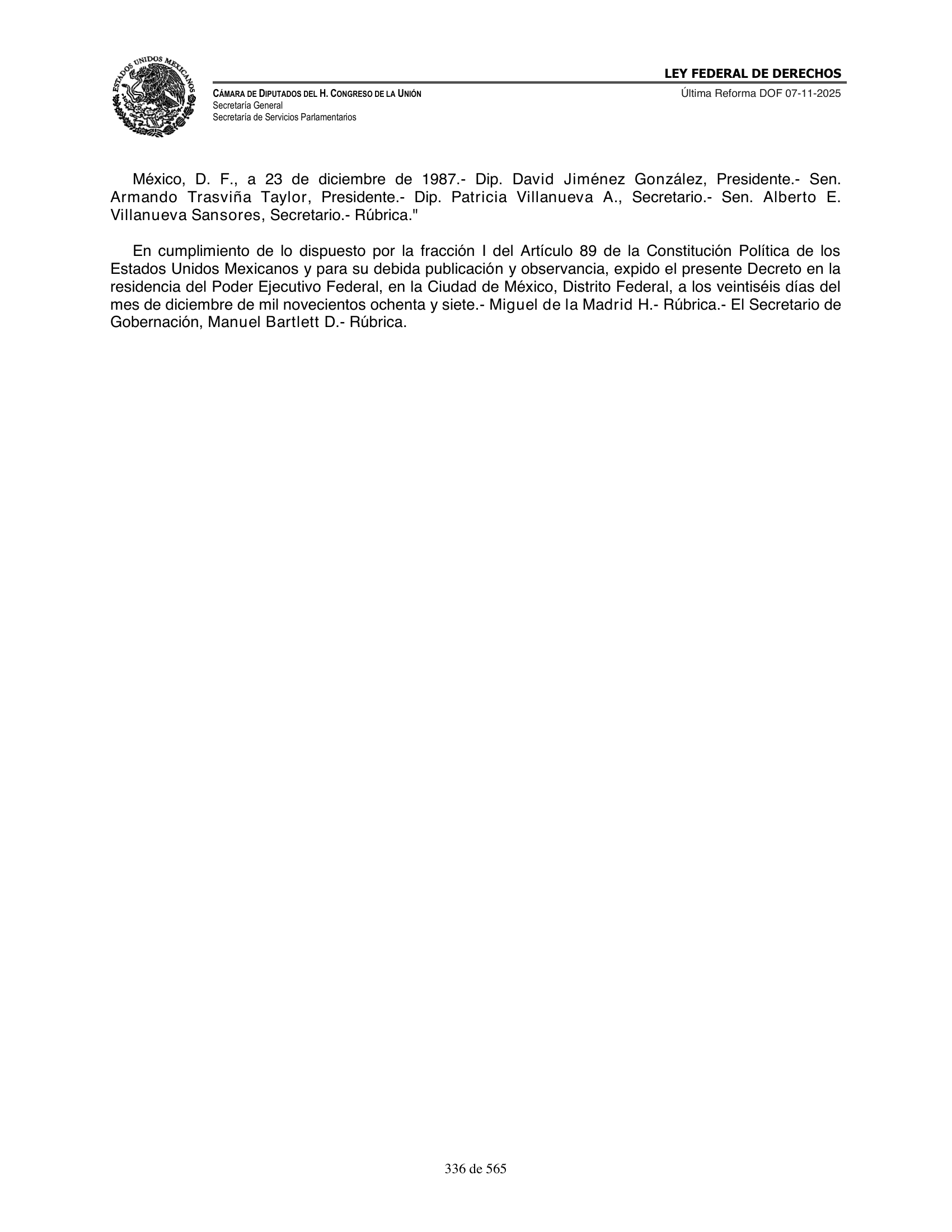 Ley Federal de Derechos — official Chamber compilation — original physical page 336 of 565; complete original page image governs, native search text may be incomplete.