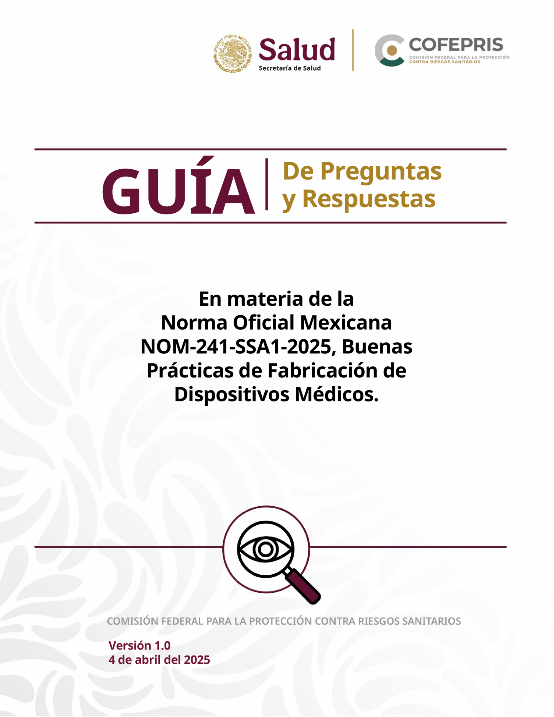COFEPRIS NOM-241-SSA1-2025 questions and answers, version 1.0 — original physical PDF page 1; complete original page layout, table cells and figures retained.
