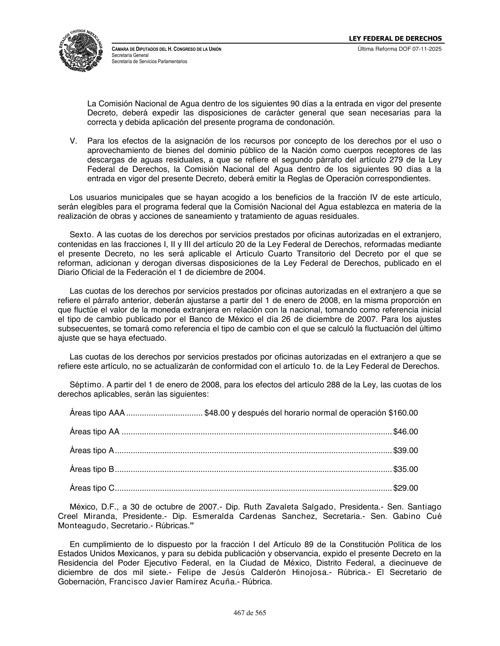 Ley Federal de Derechos — official Chamber compilation — original physical page 467 of 565; complete original page image governs, native search text may be incomplete.