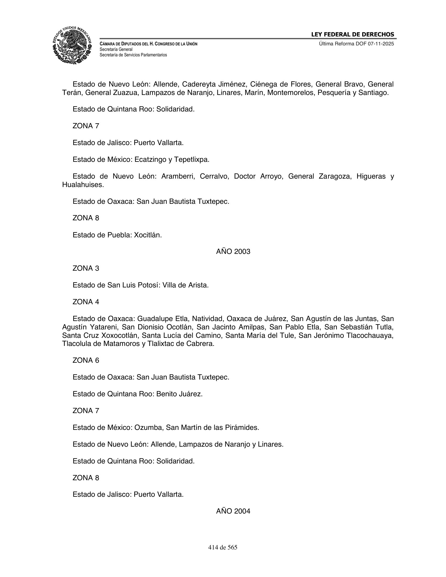 Ley Federal de Derechos — official Chamber compilation — original physical page 414 of 565; complete original page image governs, native search text may be incomplete.