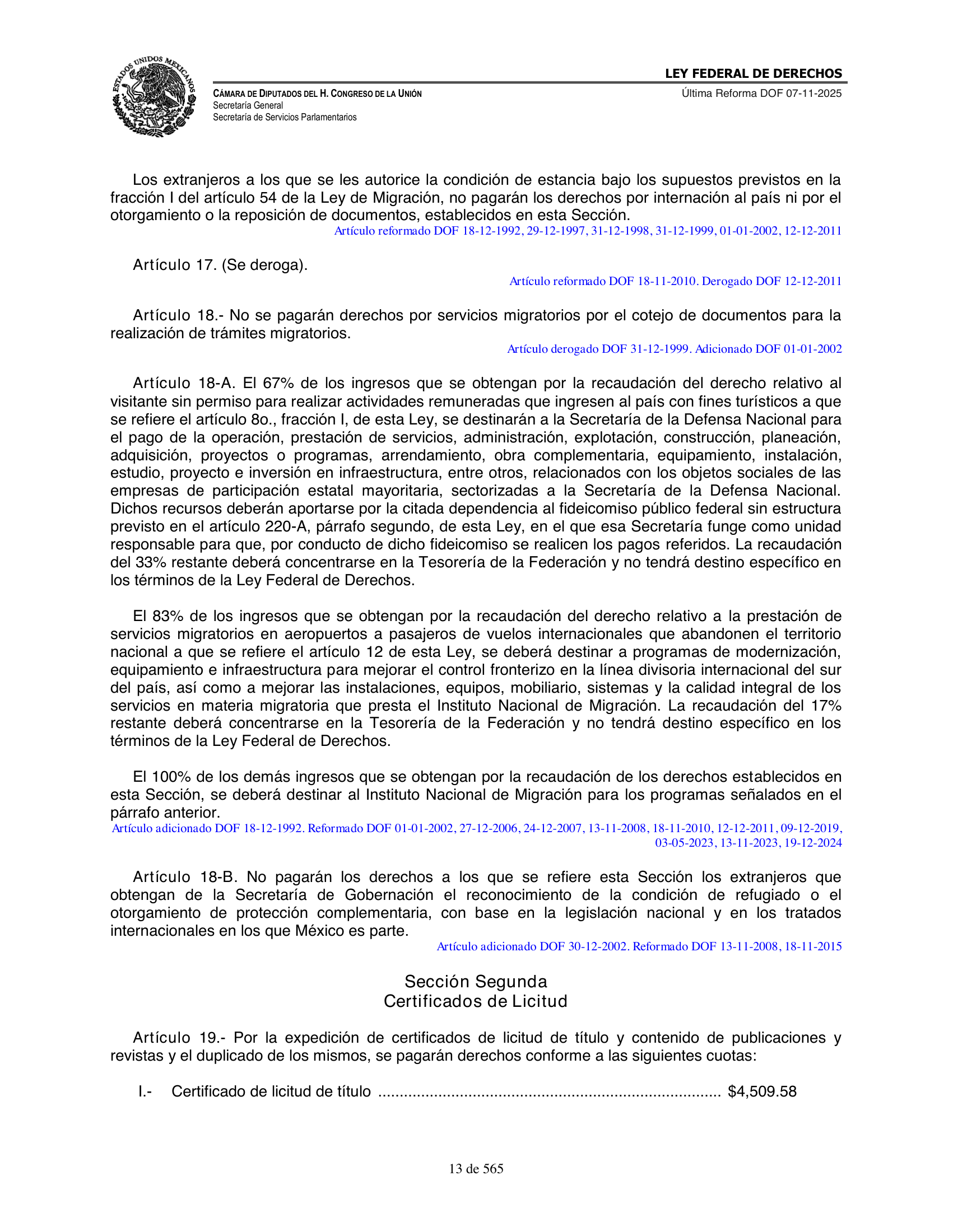 Ley Federal de Derechos — official Chamber compilation — original physical page 13 of 565; complete original page image governs, native search text may be incomplete.