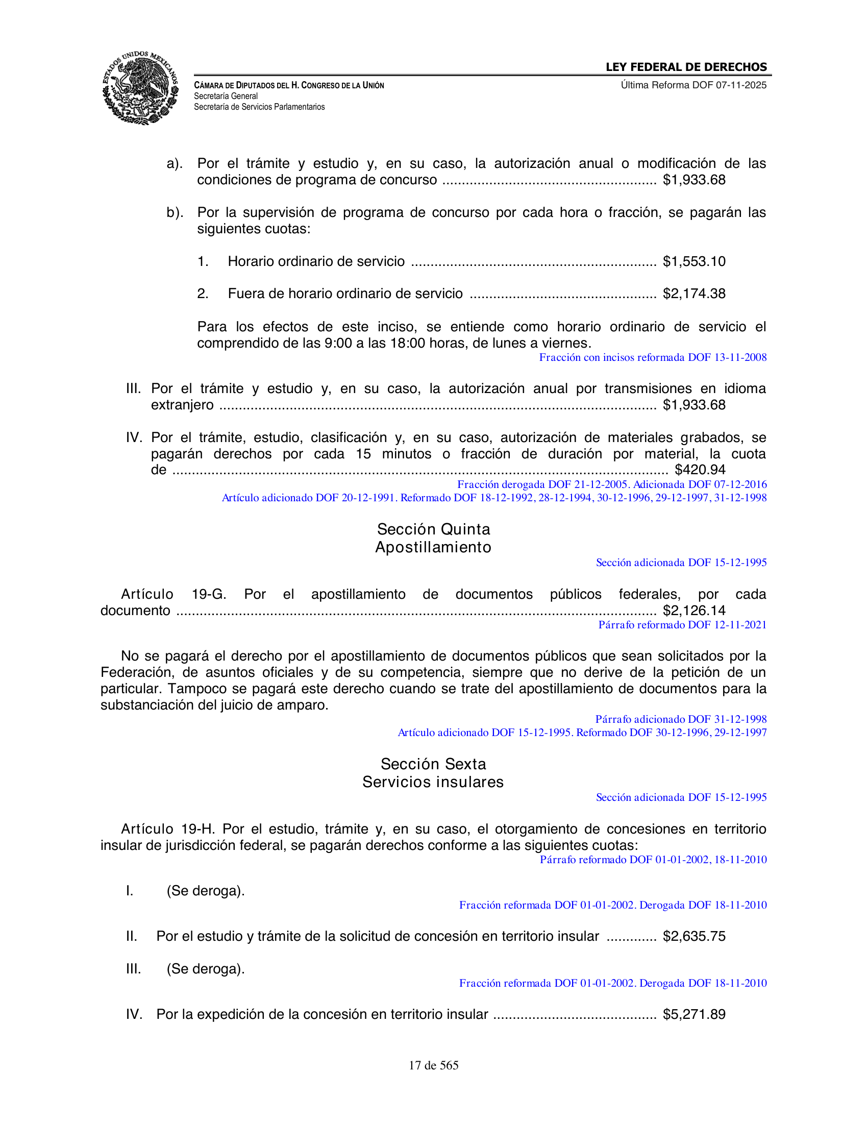 Ley Federal de Derechos — official Chamber compilation — original physical page 17 of 565; complete original page image governs, native search text may be incomplete.