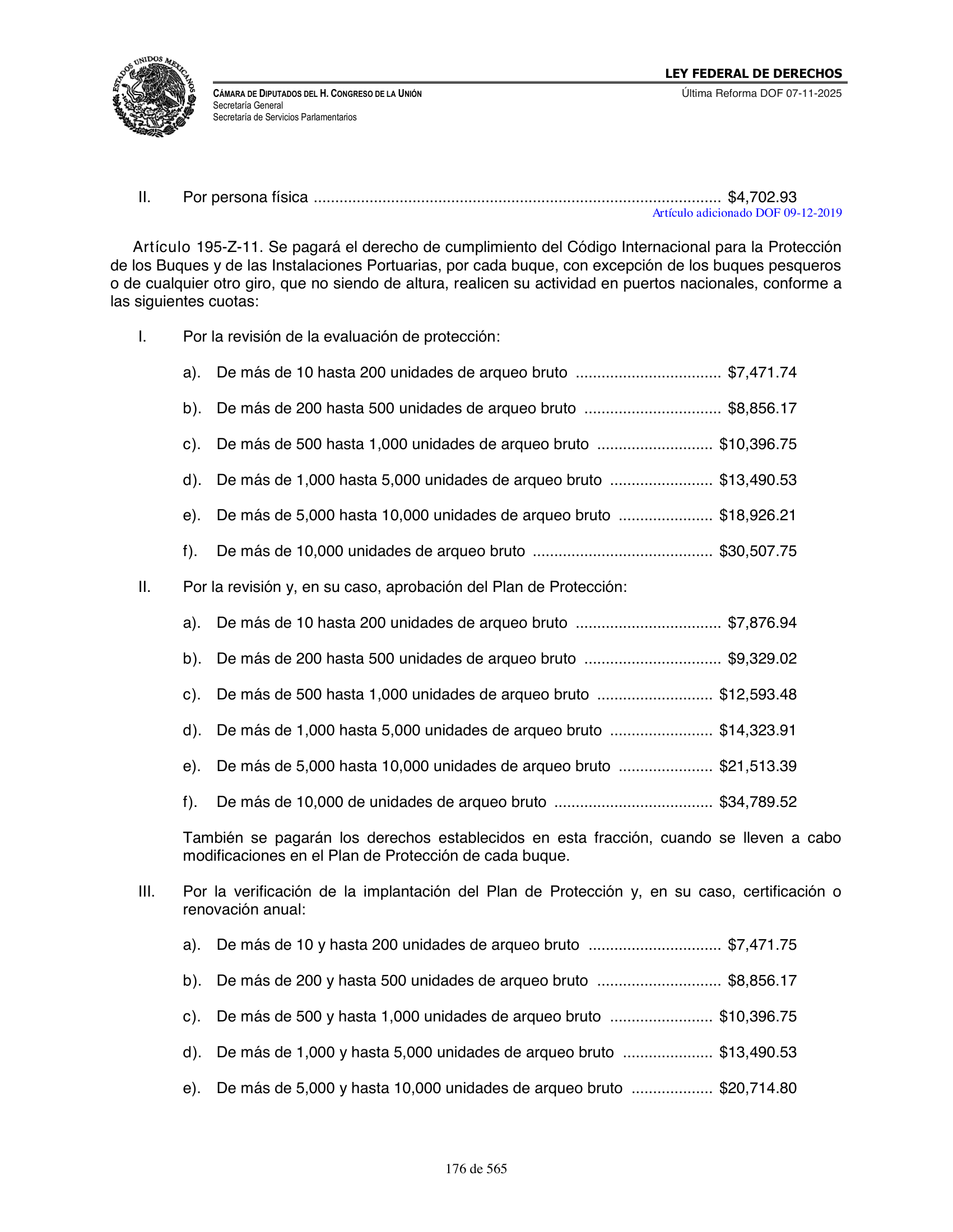 Ley Federal de Derechos — official Chamber compilation — original physical page 176 of 565; complete original page image governs, native search text may be incomplete.