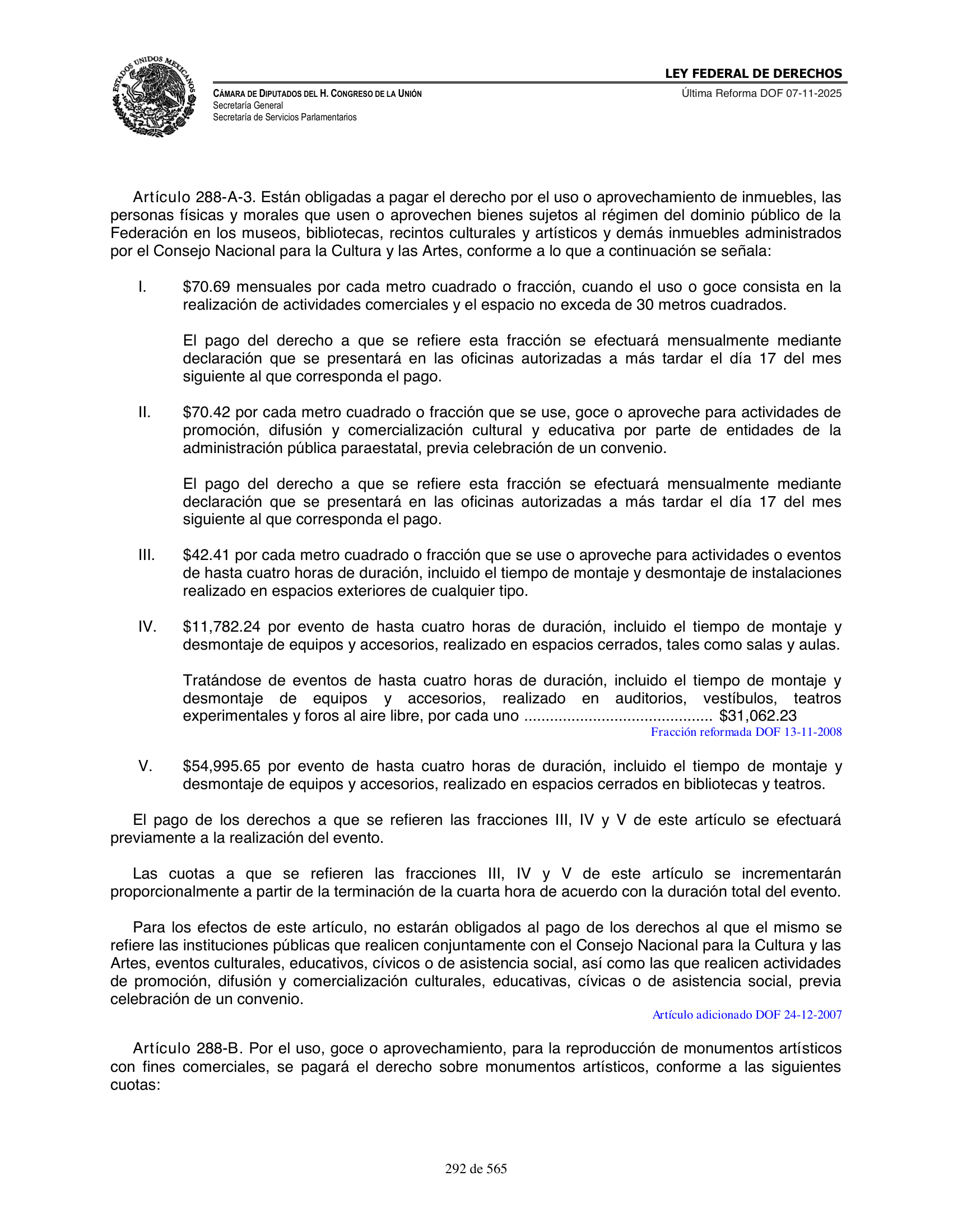 Ley Federal de Derechos — official Chamber compilation — original physical page 292 of 565; complete original page image governs, native search text may be incomplete.