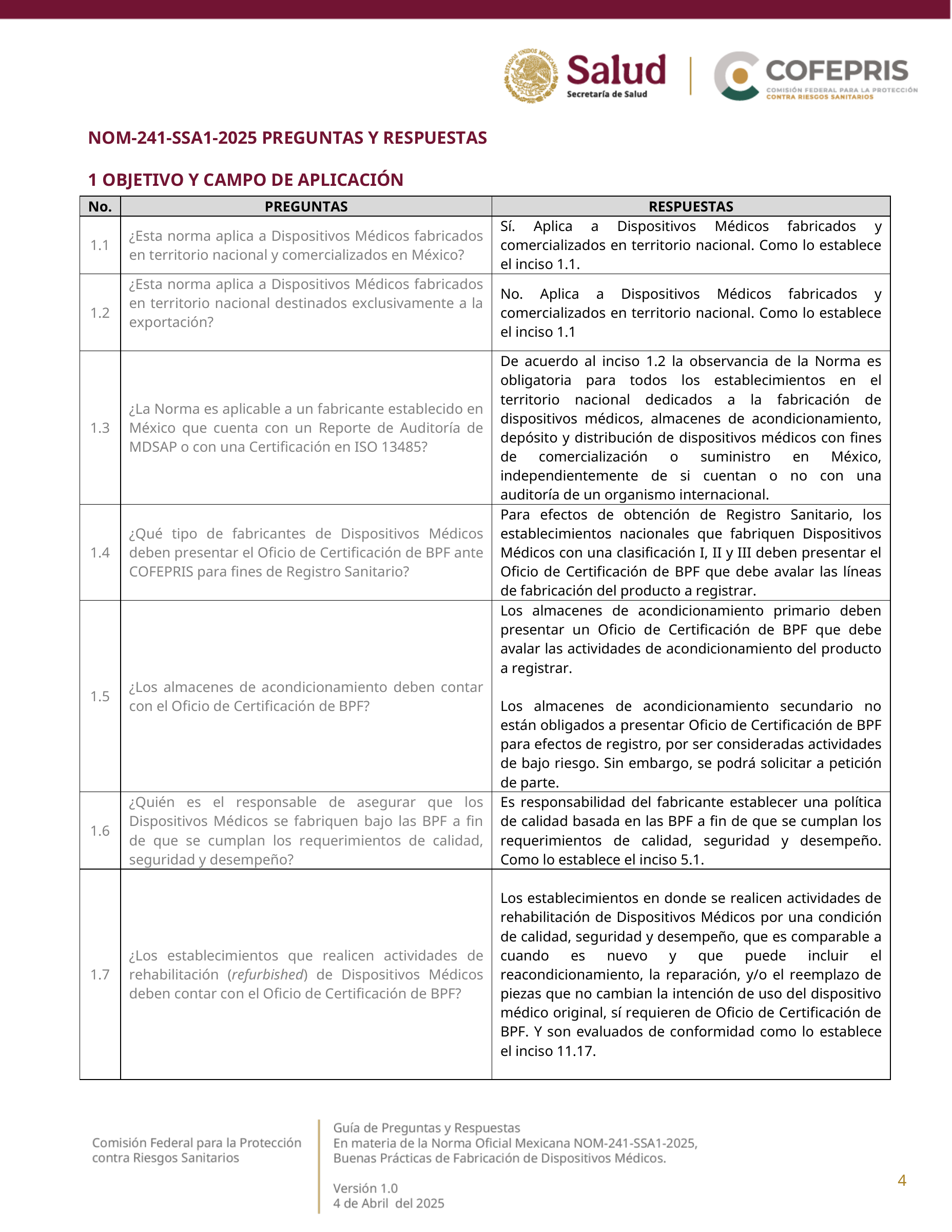 COFEPRIS NOM-241-SSA1-2025 questions and answers, version 1.0 — original physical PDF page 4; complete original page layout, table cells and figures retained.