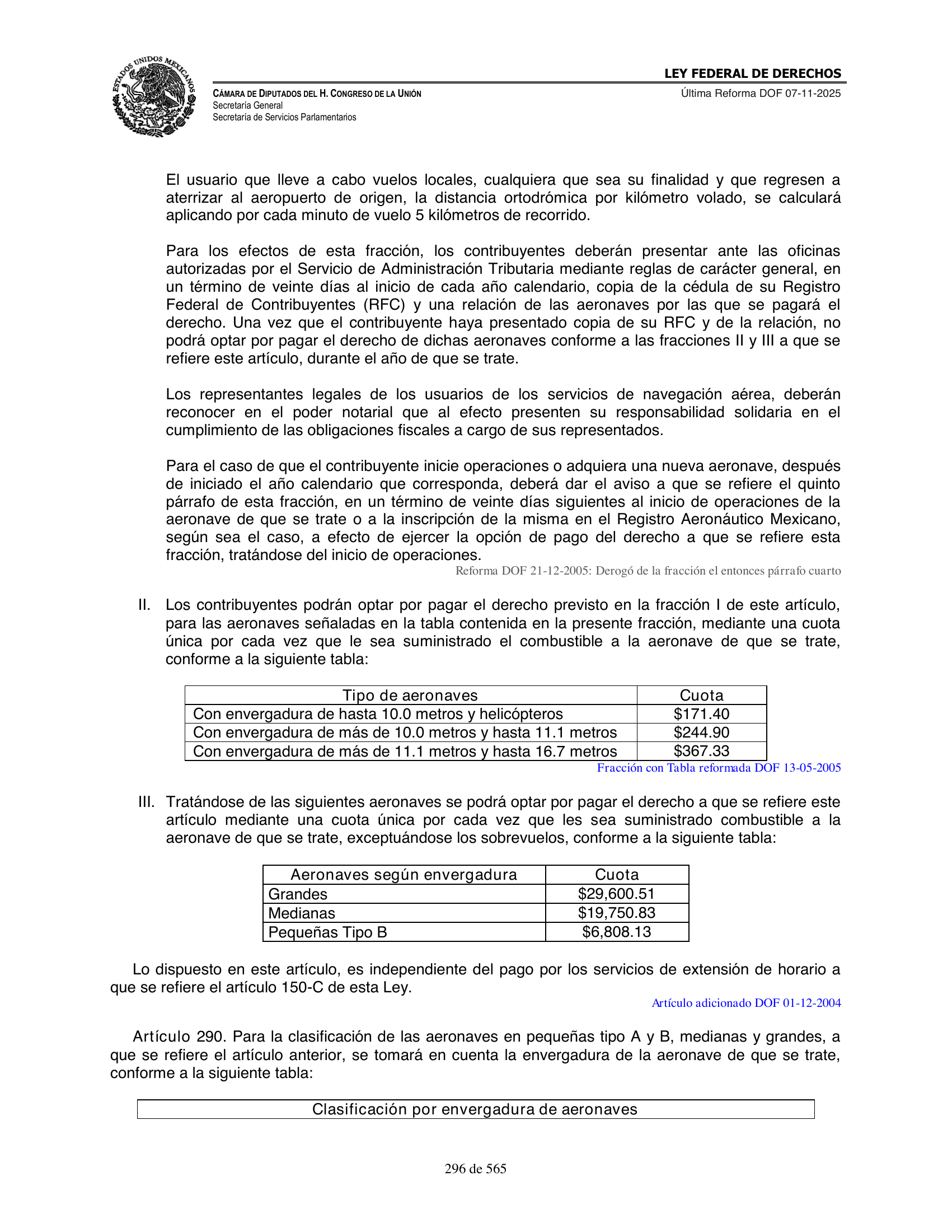 Ley Federal de Derechos — official Chamber compilation — original physical page 296 of 565; complete original page image governs, native search text may be incomplete.