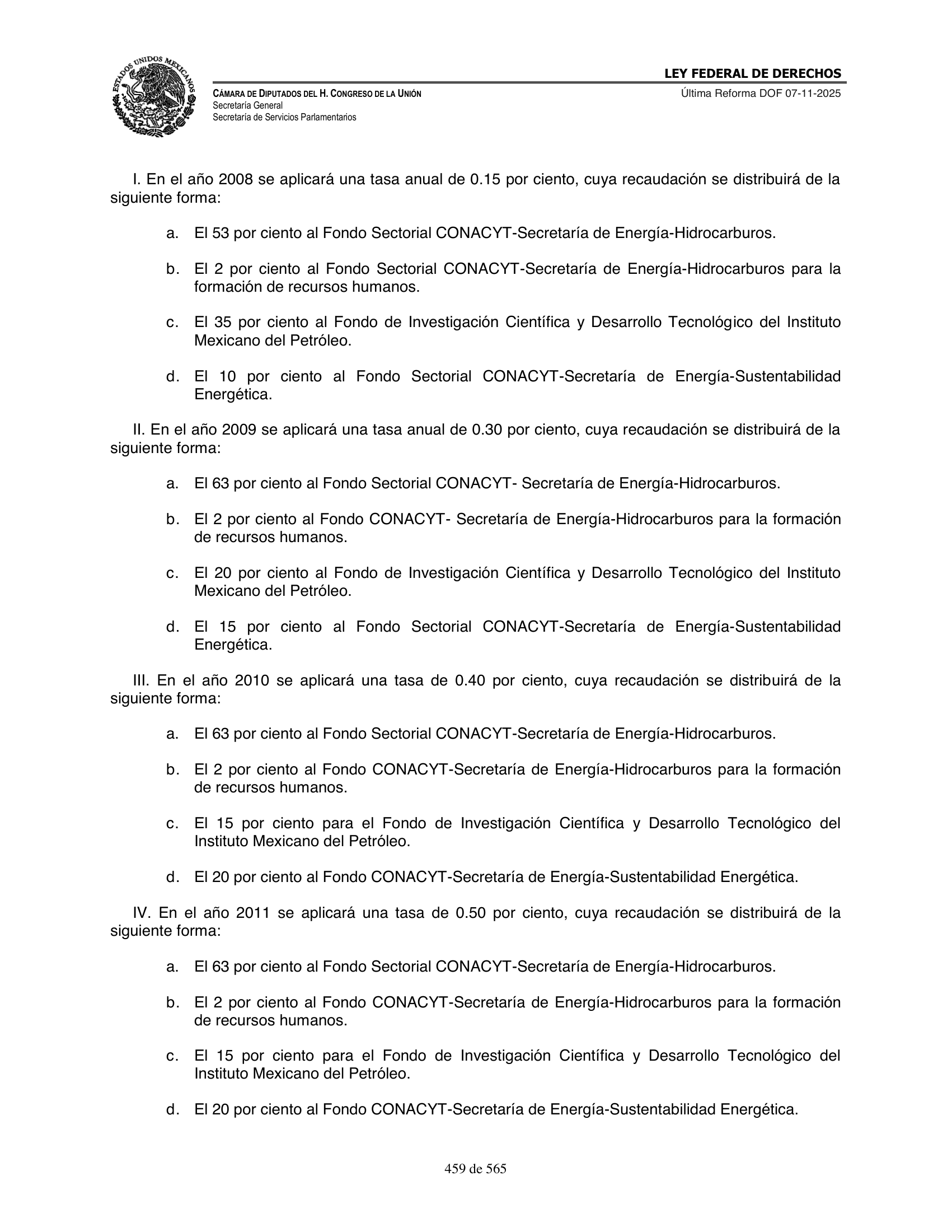 Ley Federal de Derechos — official Chamber compilation — original physical page 459 of 565; complete original page image governs, native search text may be incomplete.