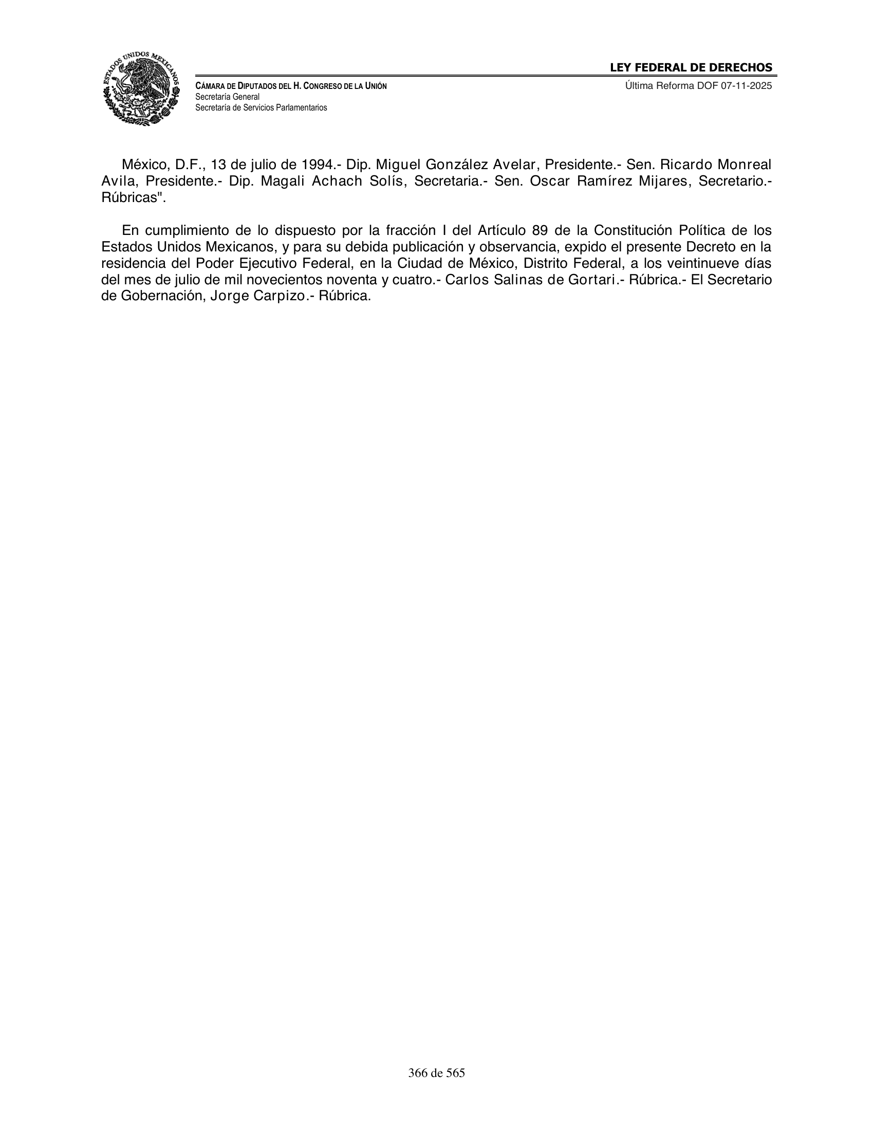 Ley Federal de Derechos — official Chamber compilation — original physical page 366 of 565; complete original page image governs, native search text may be incomplete.