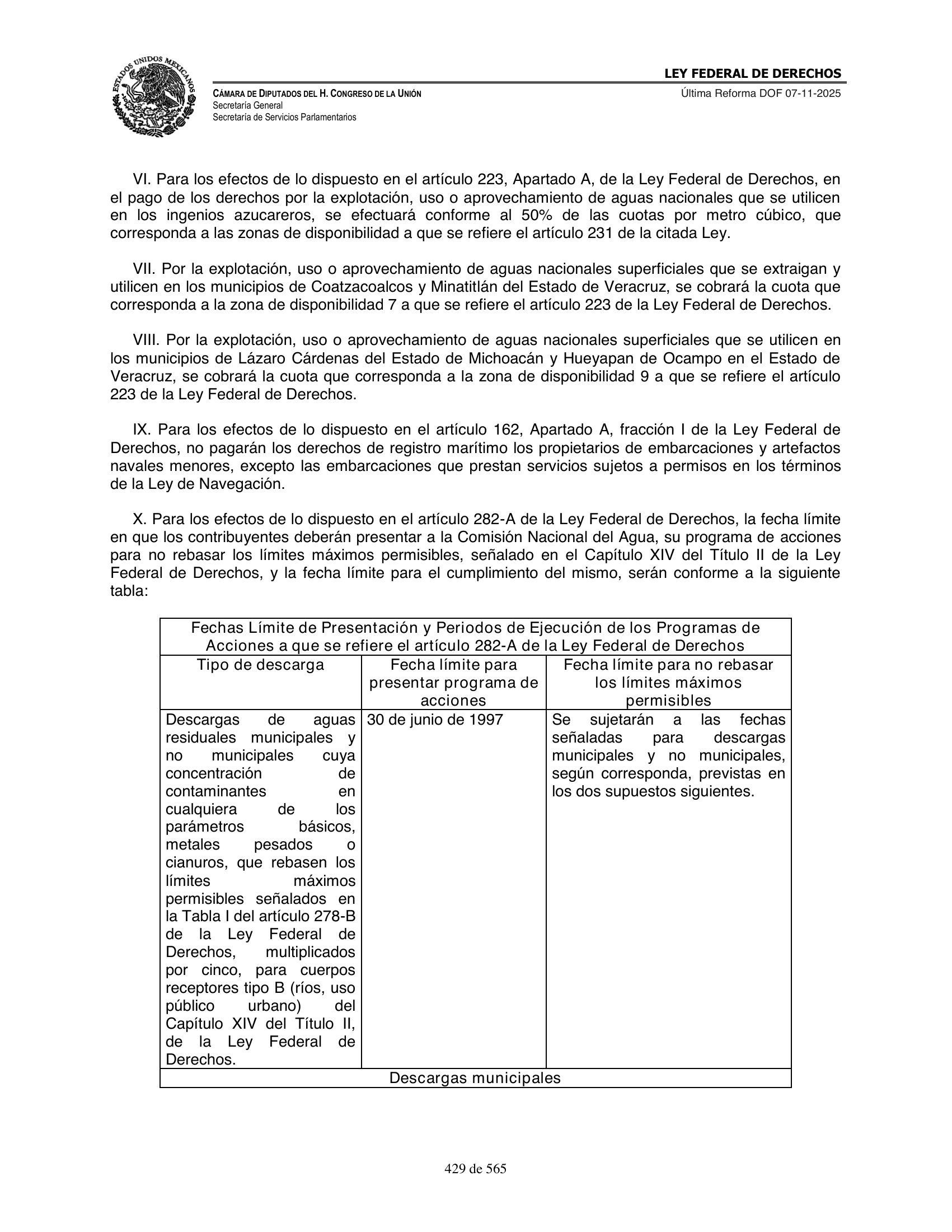 Ley Federal de Derechos — official Chamber compilation — original physical page 429 of 565; complete original page image governs, native search text may be incomplete.