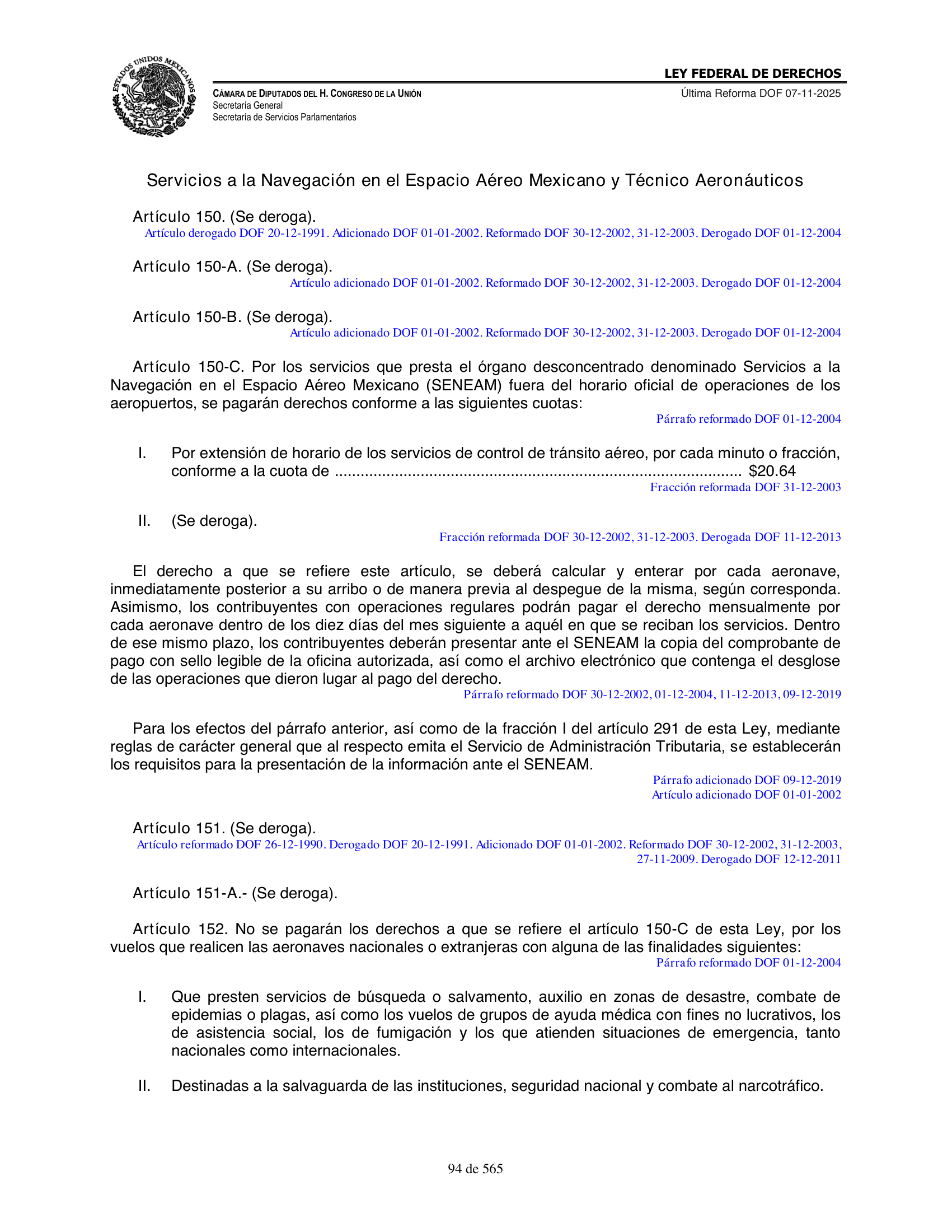 Ley Federal de Derechos — official Chamber compilation — original physical page 94 of 565; complete original page image governs, native search text may be incomplete.