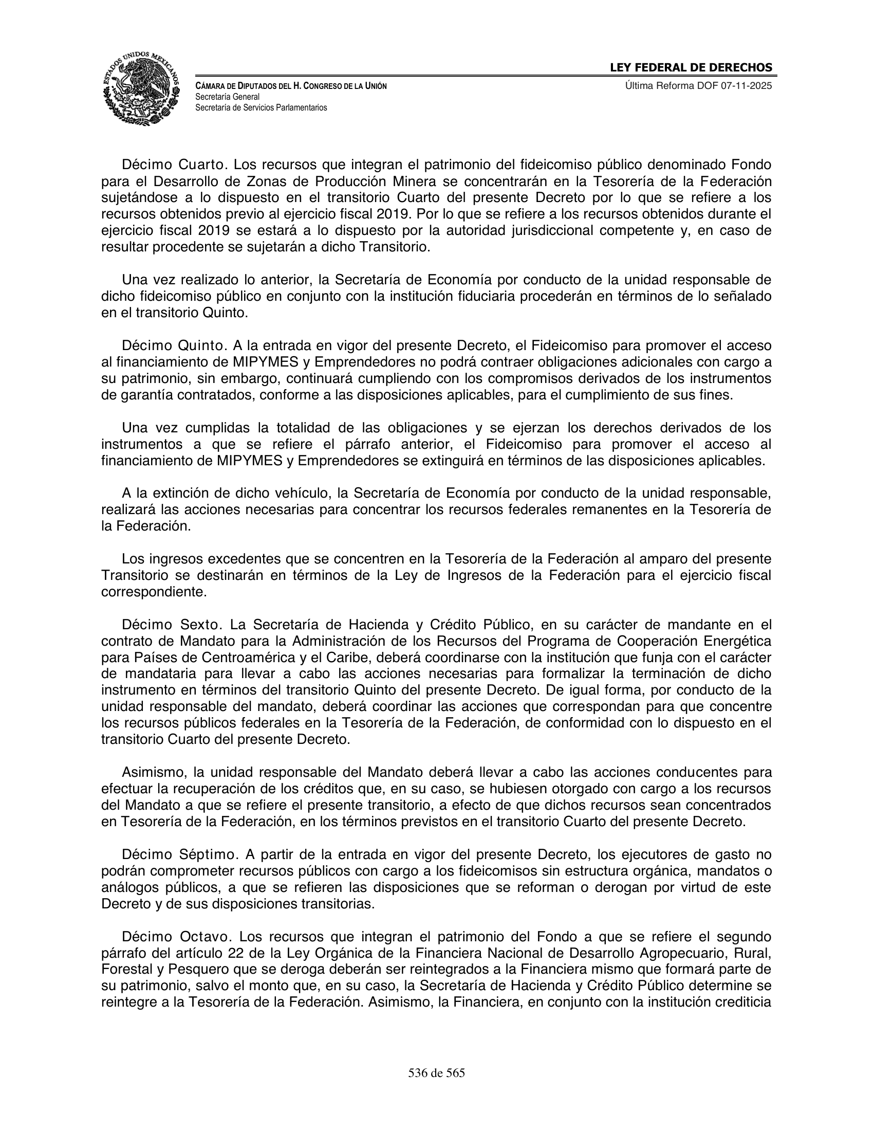 Ley Federal de Derechos — official Chamber compilation — original physical page 536 of 565; complete original page image governs, native search text may be incomplete.