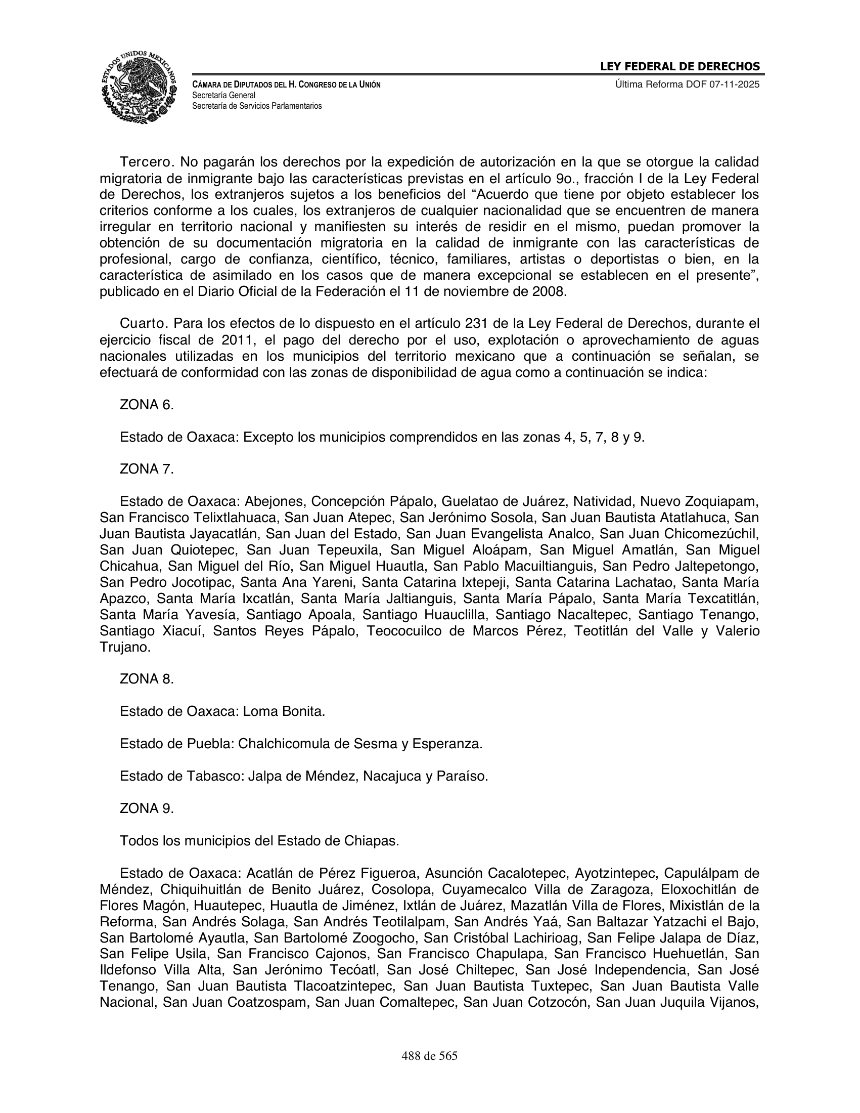 Ley Federal de Derechos — official Chamber compilation — original physical page 488 of 565; complete original page image governs, native search text may be incomplete.