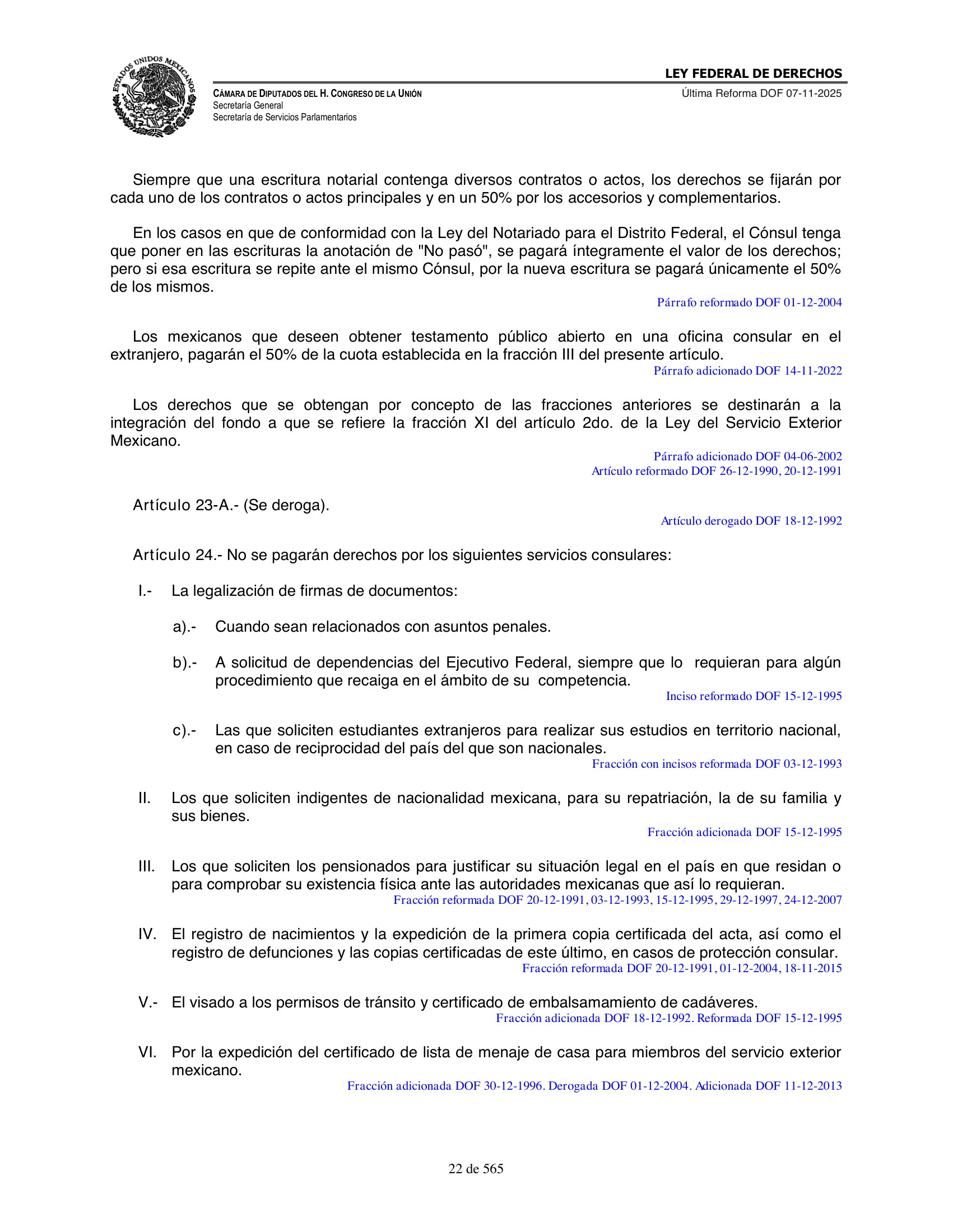Ley Federal de Derechos — official Chamber compilation — original physical page 22 of 565; complete original page image governs, native search text may be incomplete.