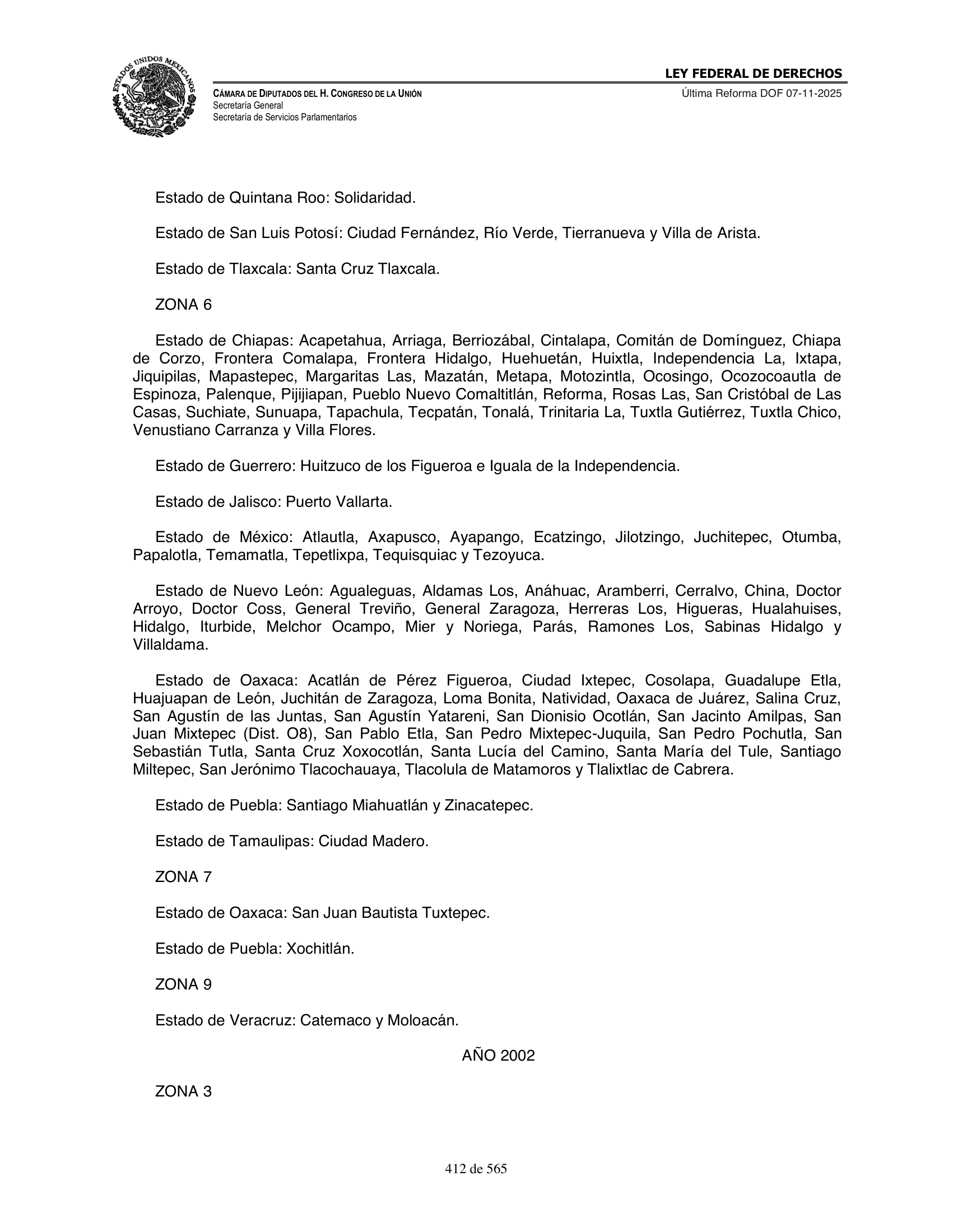 Ley Federal de Derechos — official Chamber compilation — original physical page 412 of 565; complete original page image governs, native search text may be incomplete.