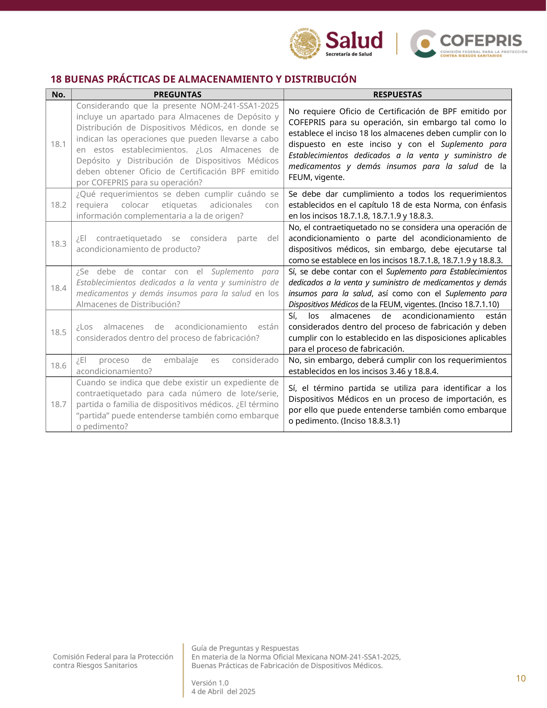 COFEPRIS NOM-241-SSA1-2025 questions and answers, version 1.0 — original physical PDF page 10; complete original page layout, table cells and figures retained.