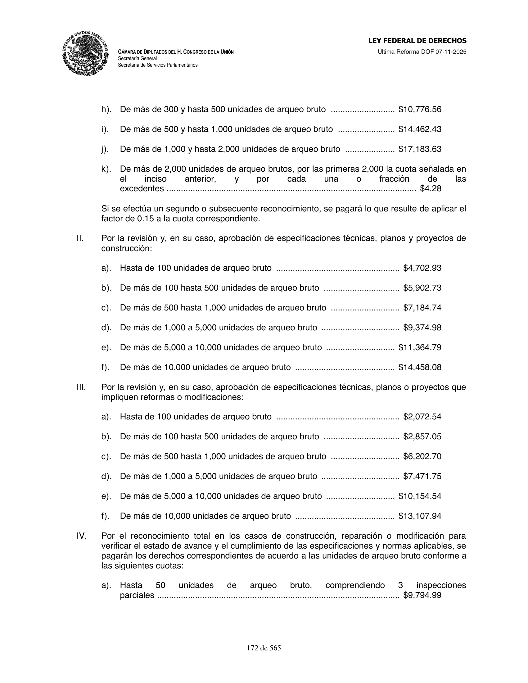 Ley Federal de Derechos — official Chamber compilation — original physical page 172 of 565; complete original page image governs, native search text may be incomplete.