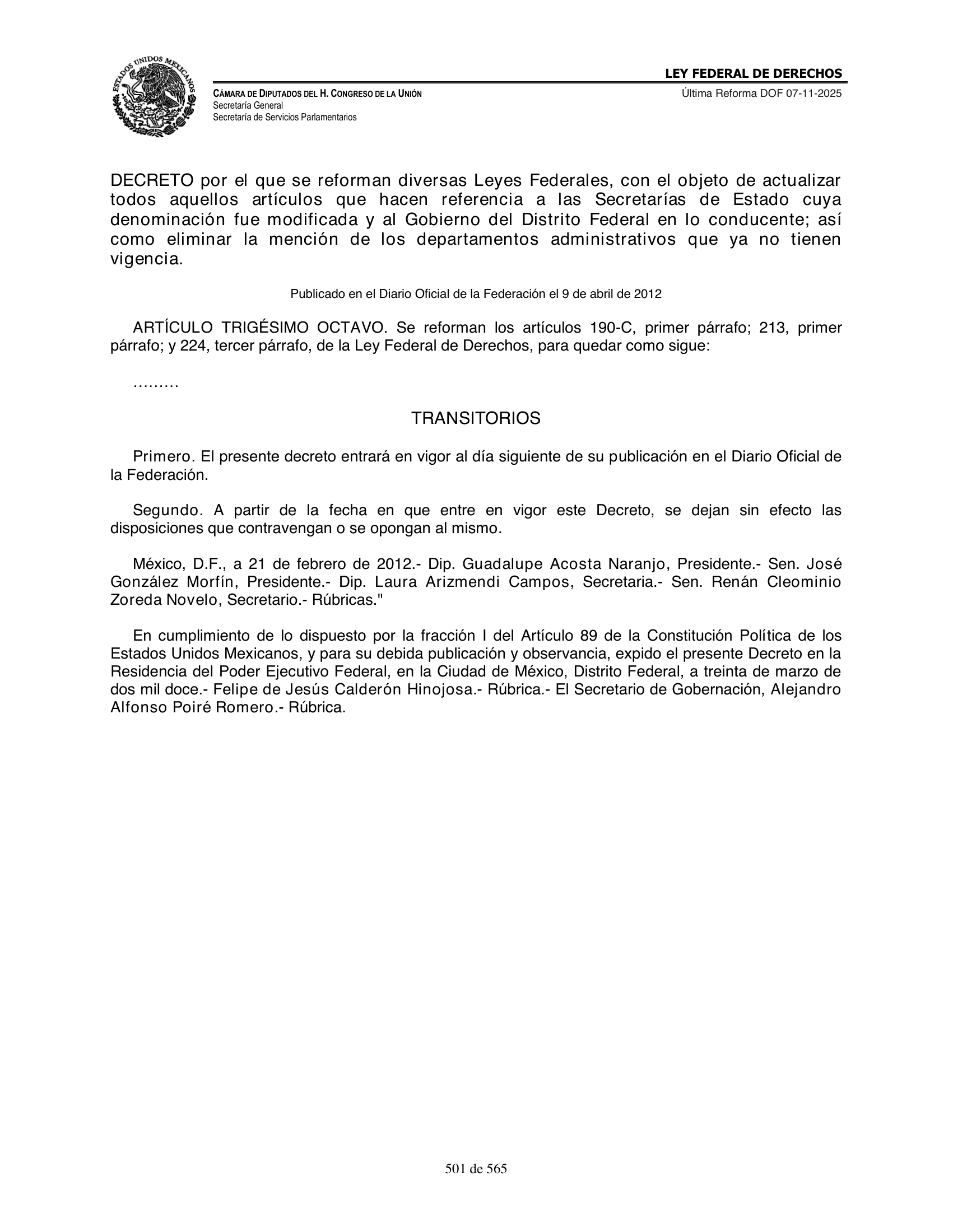 Ley Federal de Derechos — official Chamber compilation — original physical page 501 of 565; complete original page image governs, native search text may be incomplete.
