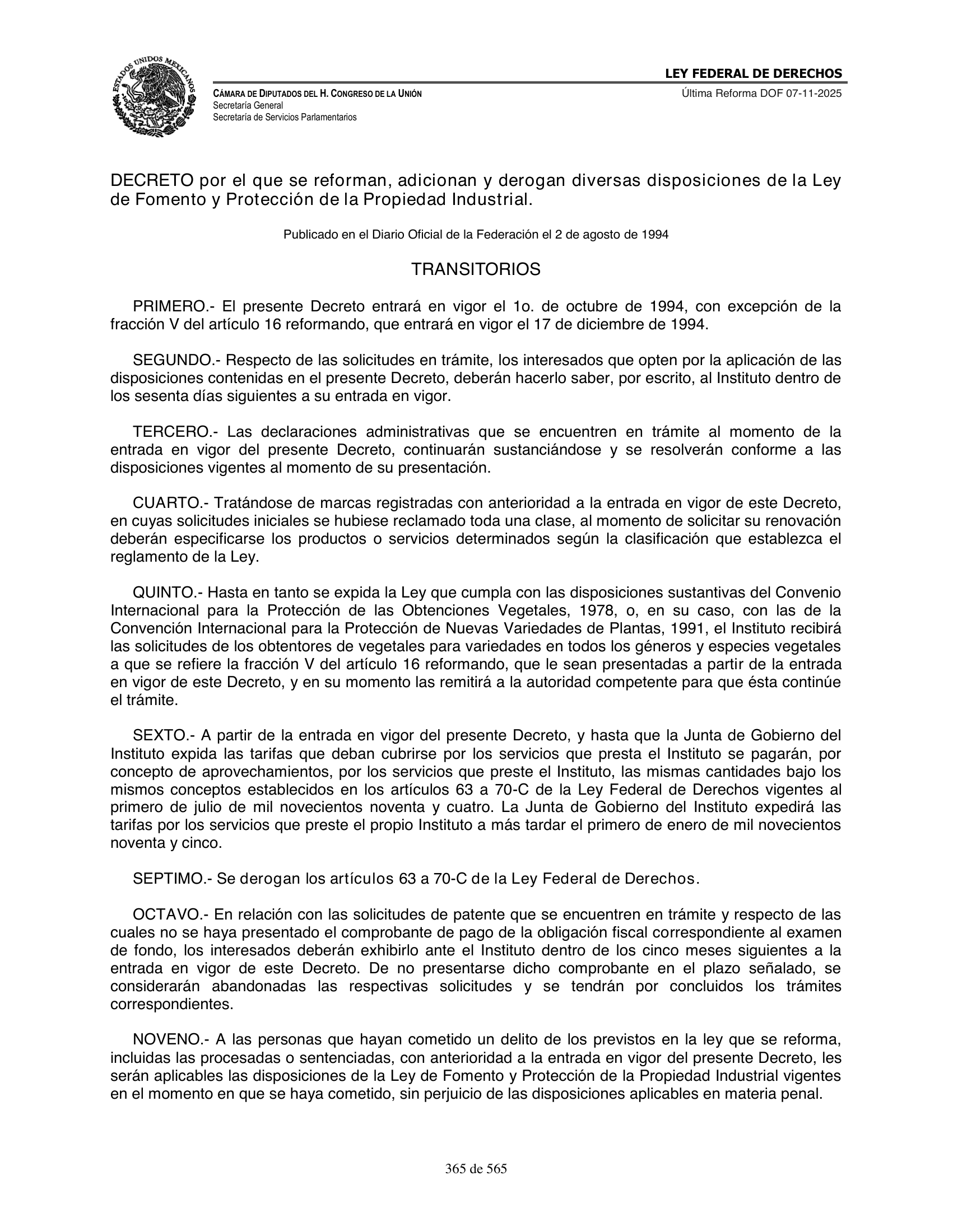 Ley Federal de Derechos — official Chamber compilation — original physical page 365 of 565; complete original page image governs, native search text may be incomplete.