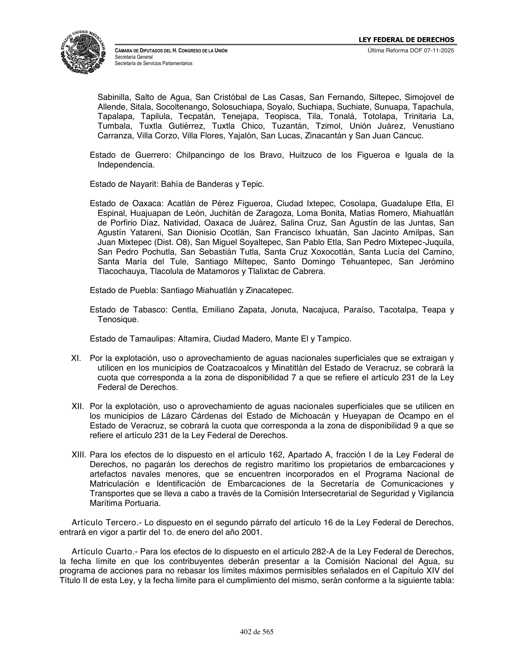 Ley Federal de Derechos — official Chamber compilation — original physical page 402 of 565; complete original page image governs, native search text may be incomplete.