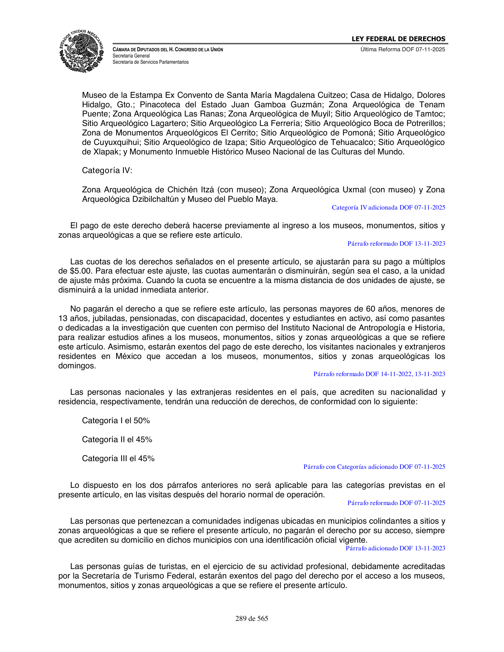 Ley Federal de Derechos — official Chamber compilation — original physical page 289 of 565; complete original page image governs, native search text may be incomplete.