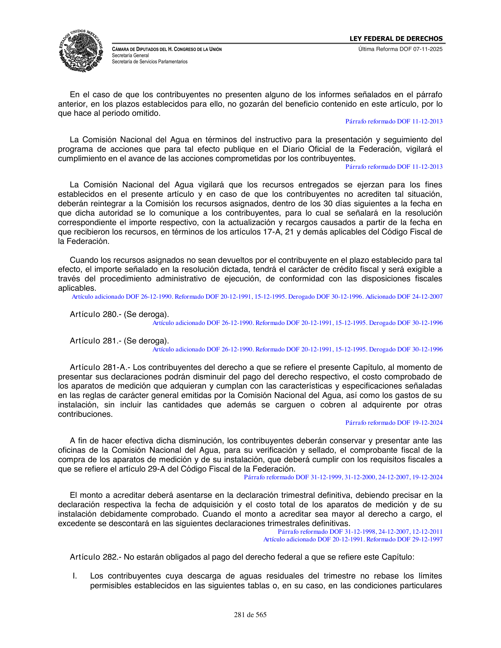 Ley Federal de Derechos — official Chamber compilation — original physical page 281 of 565; complete original page image governs, native search text may be incomplete.