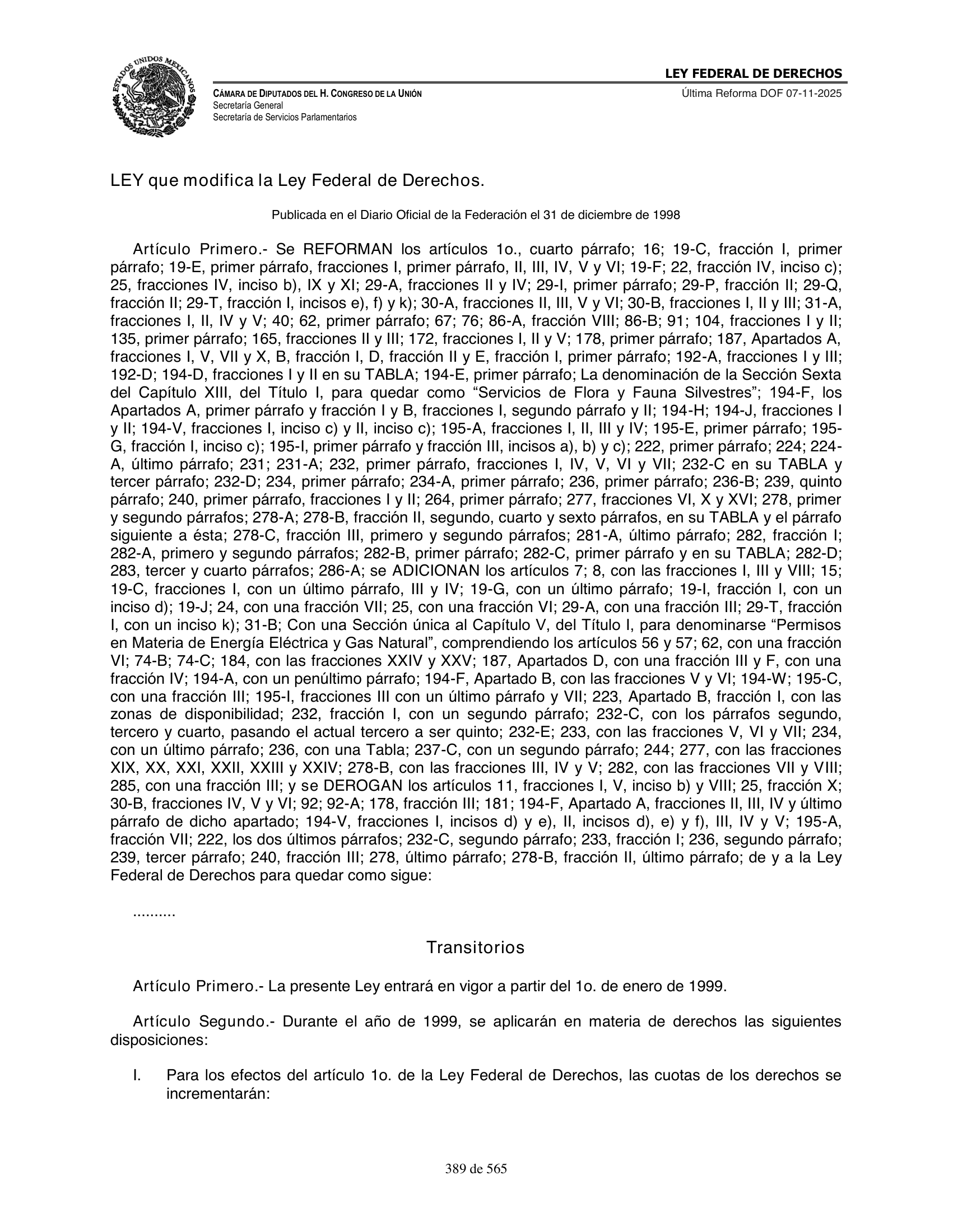 Ley Federal de Derechos — official Chamber compilation — original physical page 389 of 565; complete original page image governs, native search text may be incomplete.