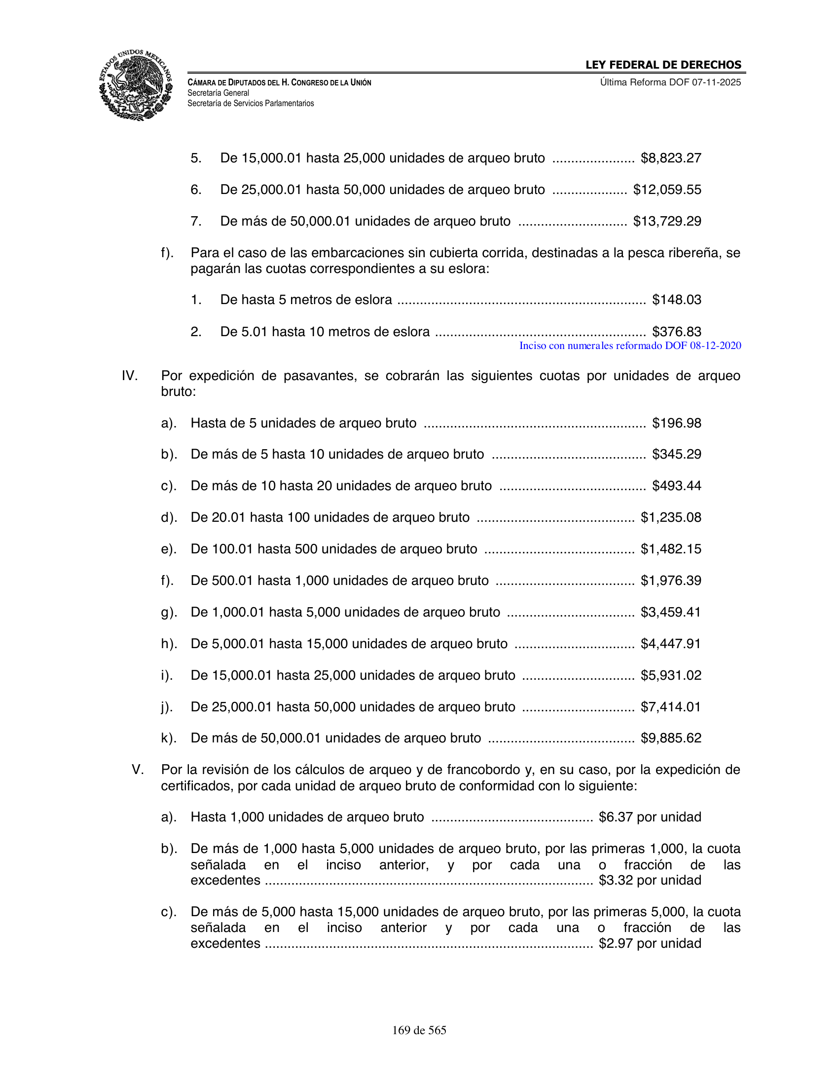 Ley Federal de Derechos — official Chamber compilation — original physical page 169 of 565; complete original page image governs, native search text may be incomplete.