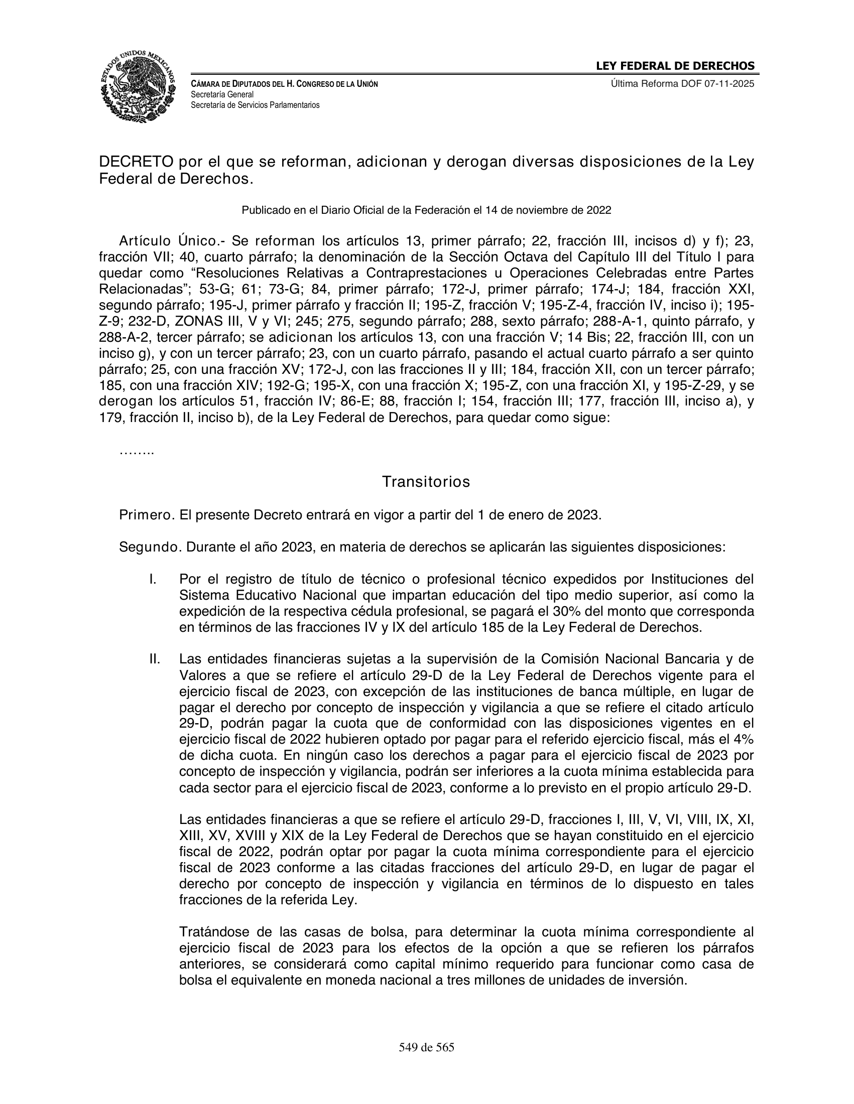 Ley Federal de Derechos — official Chamber compilation — original physical page 549 of 565; complete original page image governs, native search text may be incomplete.