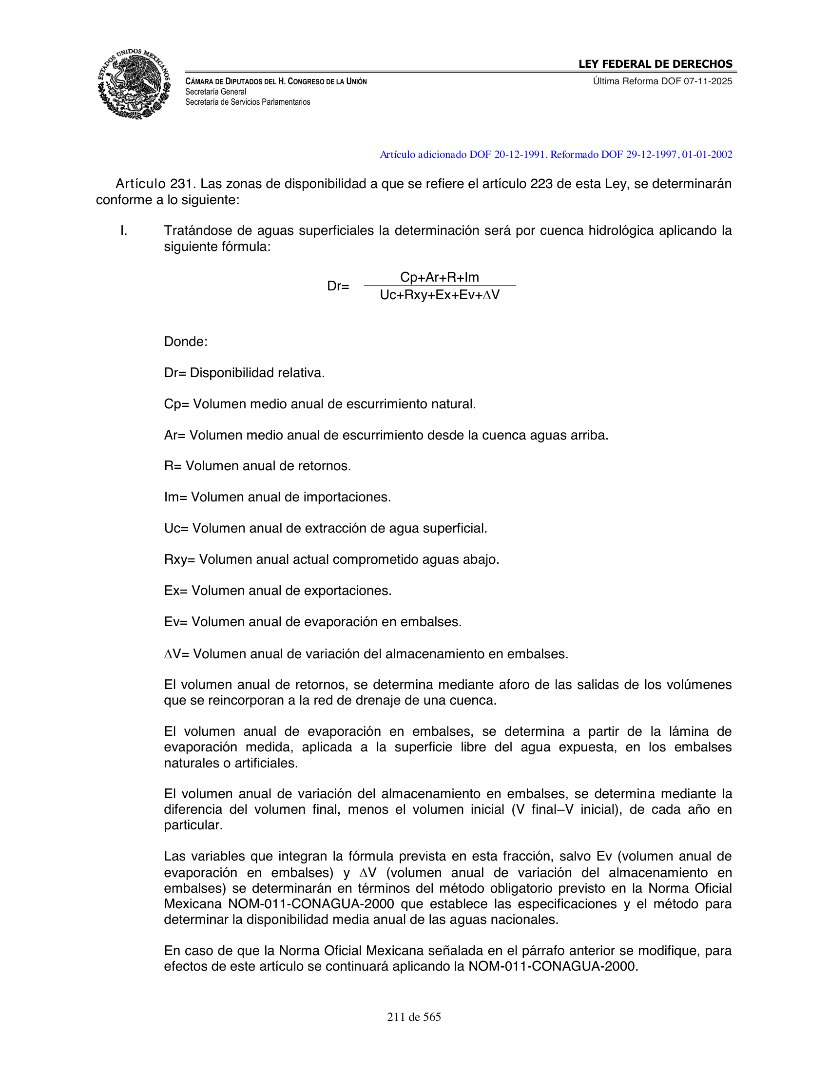 Ley Federal de Derechos — official Chamber compilation — original physical page 211 of 565; complete original page image governs, native search text may be incomplete.