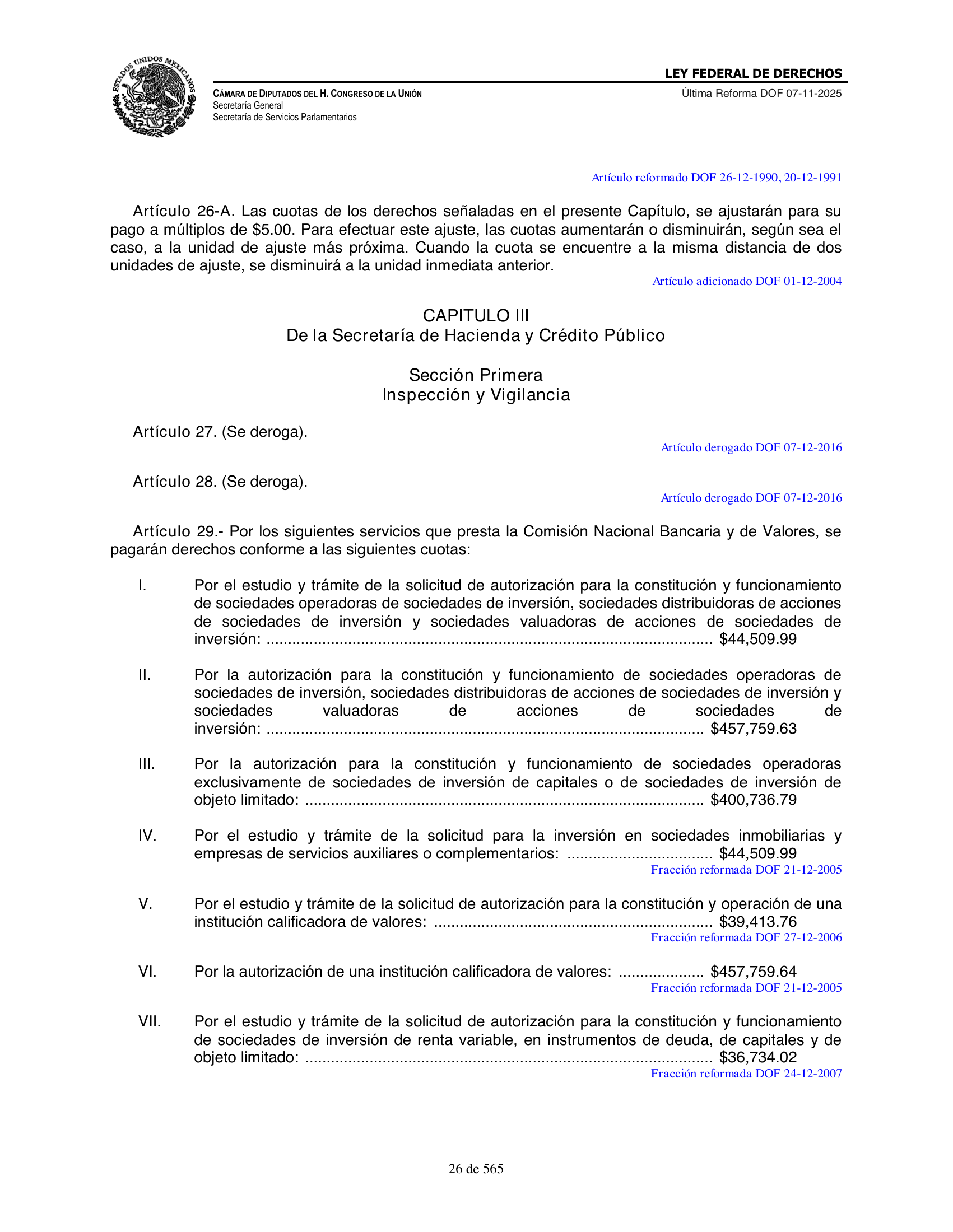Ley Federal de Derechos — official Chamber compilation — original physical page 26 of 565; complete original page image governs, native search text may be incomplete.