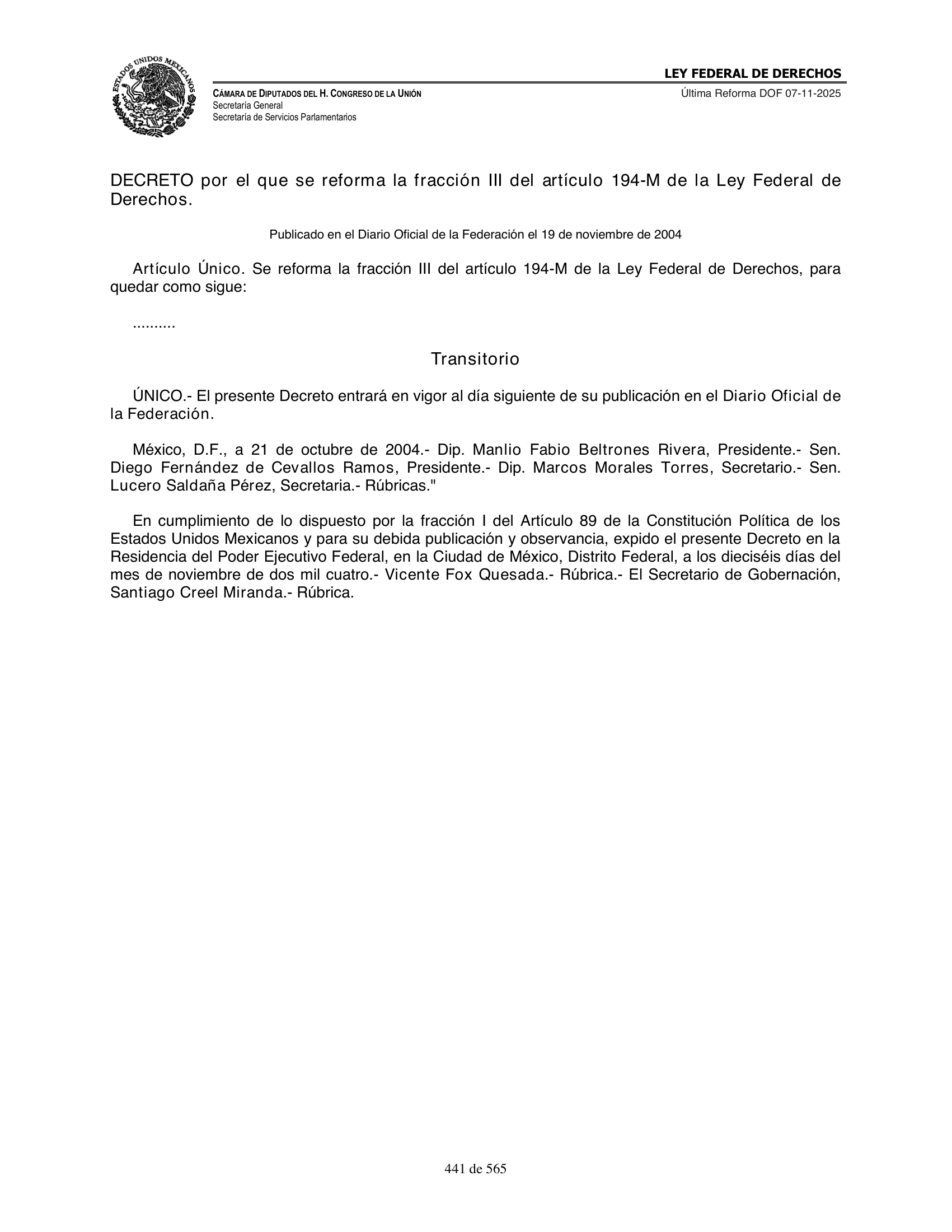 Ley Federal de Derechos — official Chamber compilation — original physical page 441 of 565; complete original page image governs, native search text may be incomplete.
