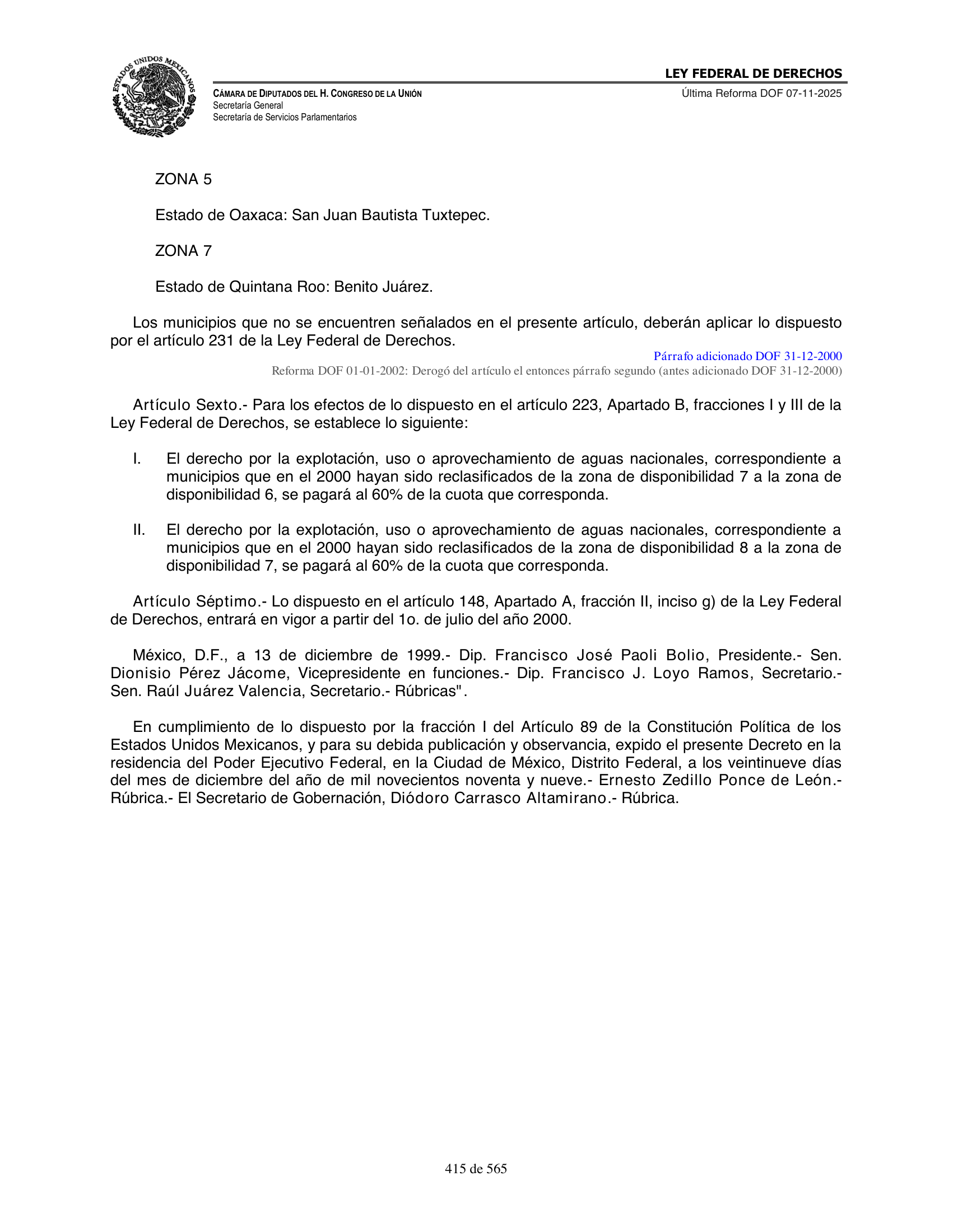 Ley Federal de Derechos — official Chamber compilation — original physical page 415 of 565; complete original page image governs, native search text may be incomplete.