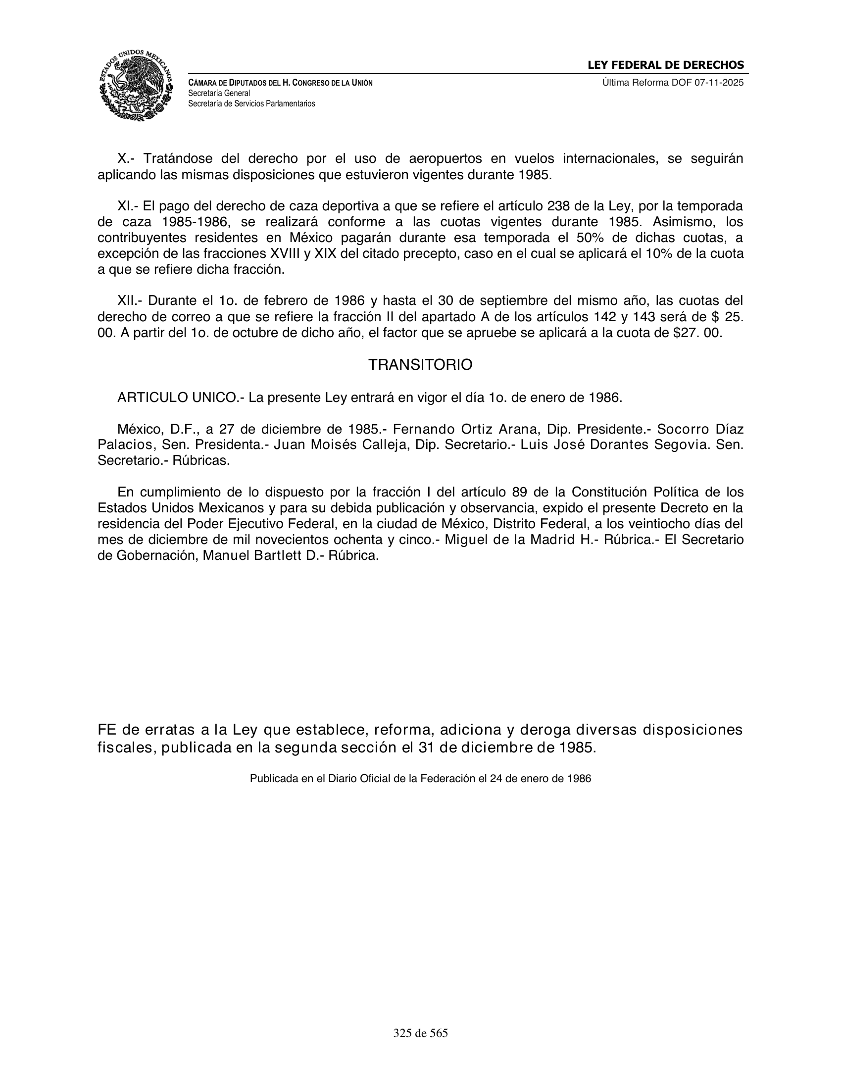 Ley Federal de Derechos — official Chamber compilation — original physical page 325 of 565; complete original page image governs, native search text may be incomplete.