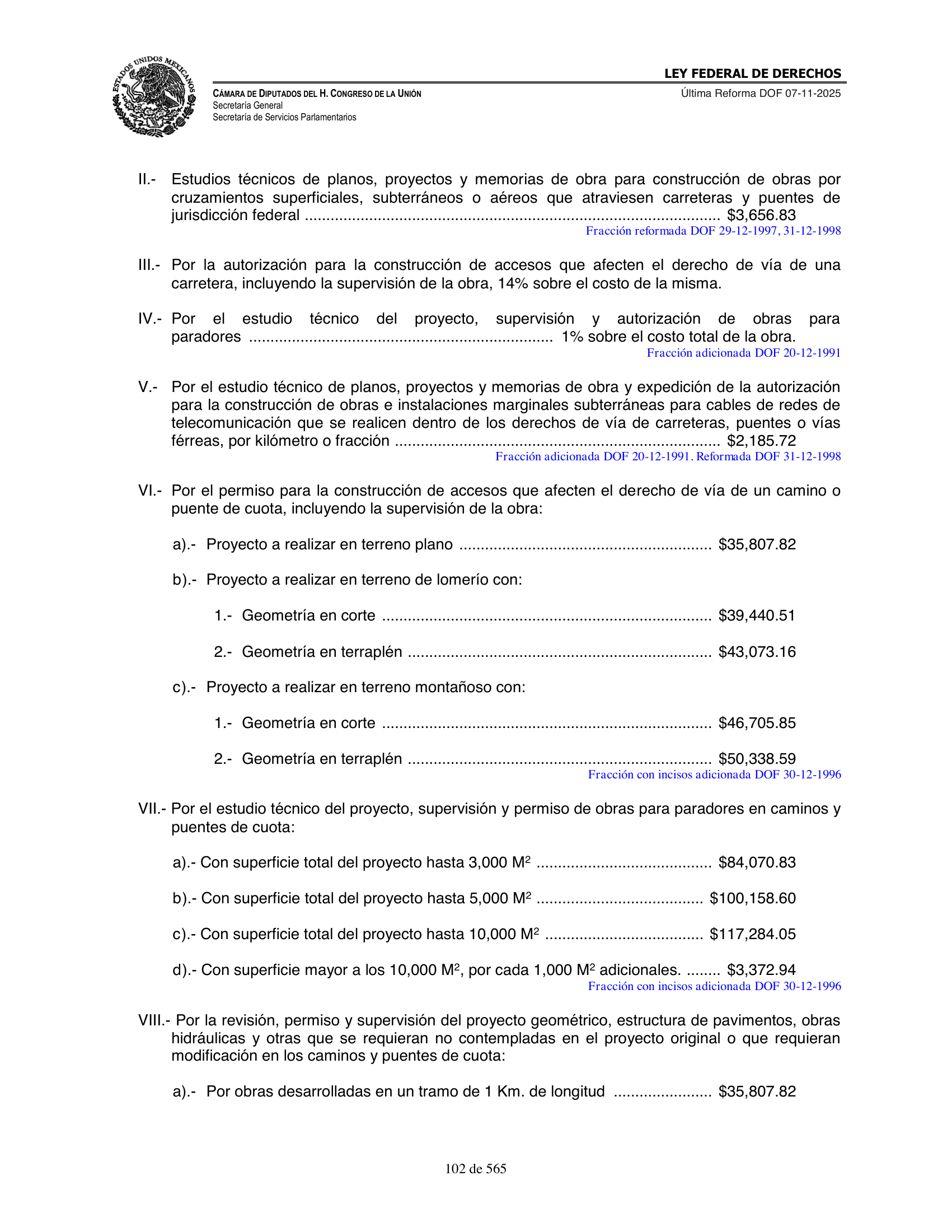 Ley Federal de Derechos — official Chamber compilation — original physical page 102 of 565; complete original page image governs, native search text may be incomplete.