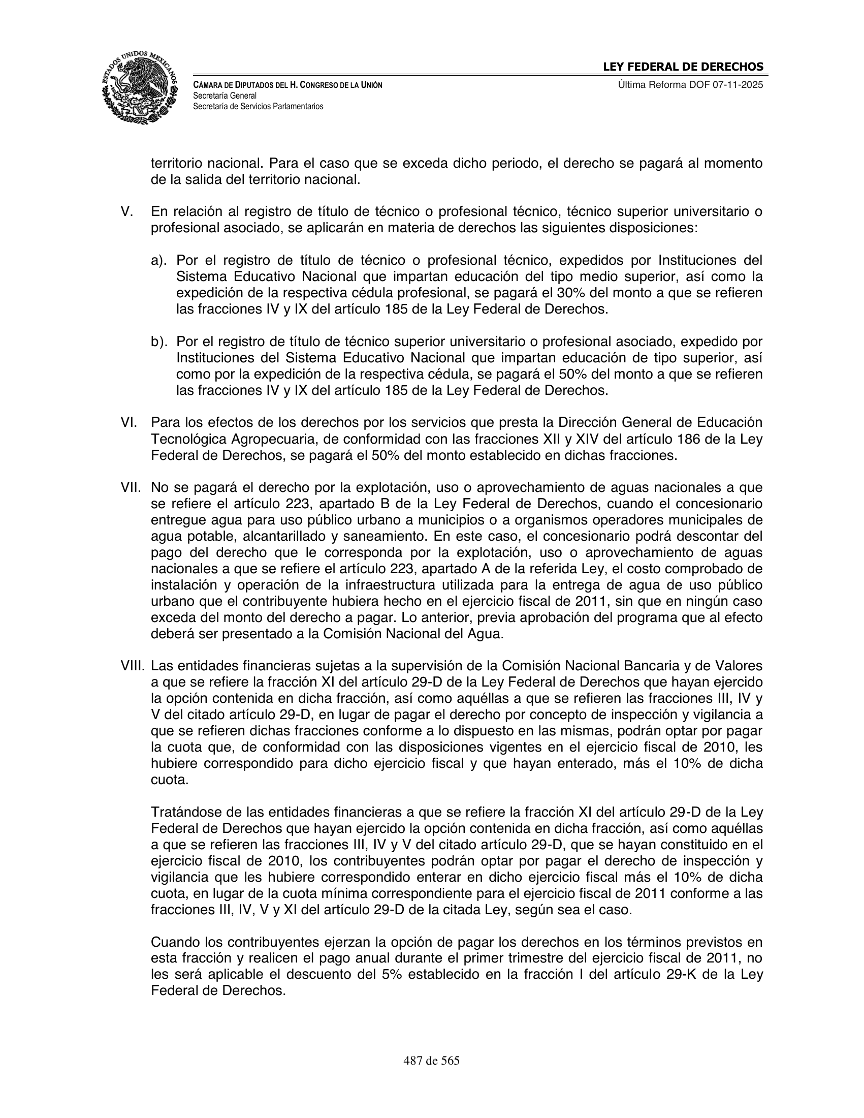 Ley Federal de Derechos — official Chamber compilation — original physical page 487 of 565; complete original page image governs, native search text may be incomplete.