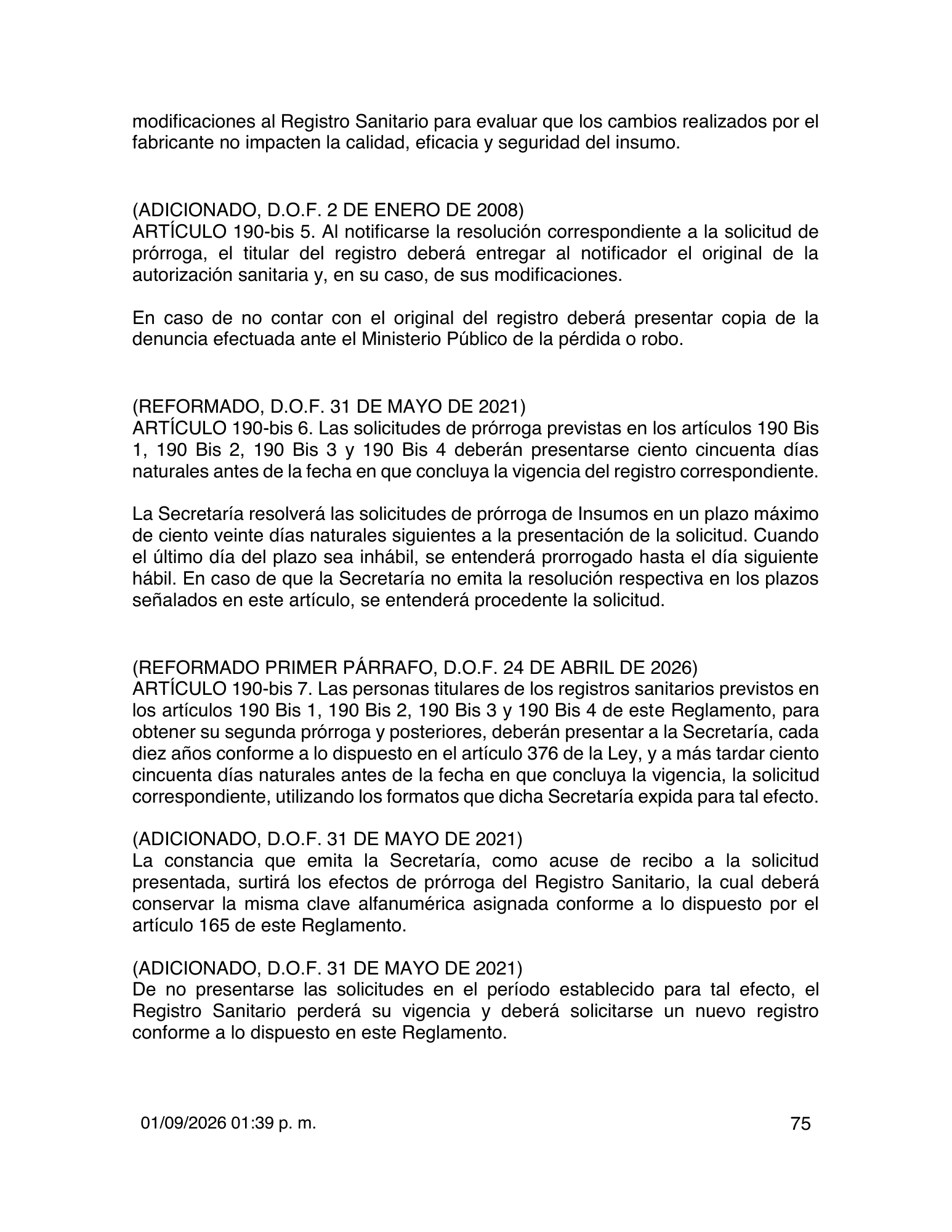 Reglamento de Insumos para la Salud — 2026 compiled expression — official PDF page 75