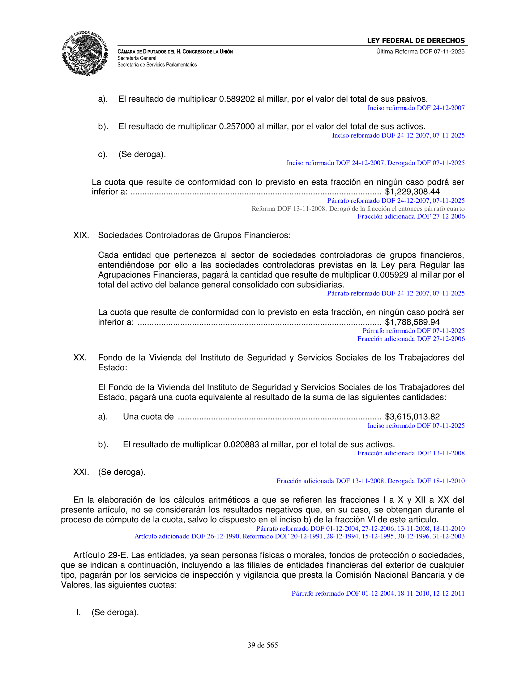 Ley Federal de Derechos — official Chamber compilation — original physical page 39 of 565; complete original page image governs, native search text may be incomplete.
