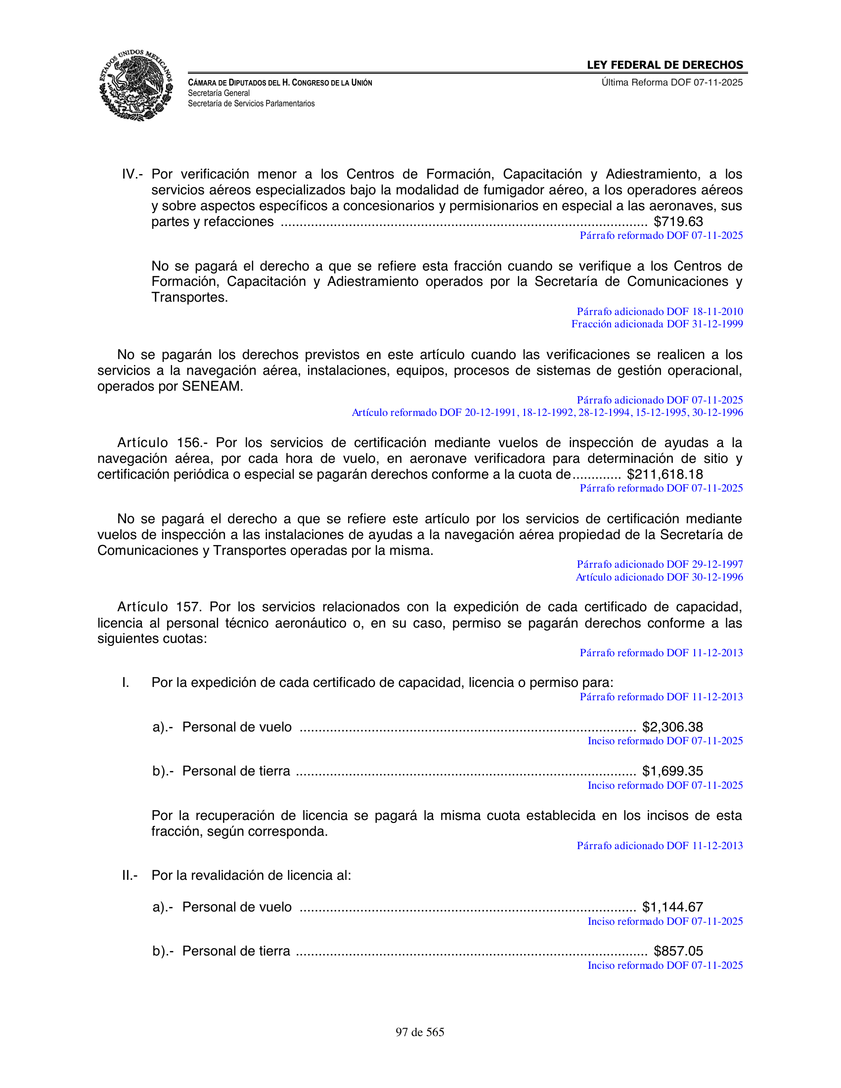 Ley Federal de Derechos — official Chamber compilation — original physical page 97 of 565; complete original page image governs, native search text may be incomplete.