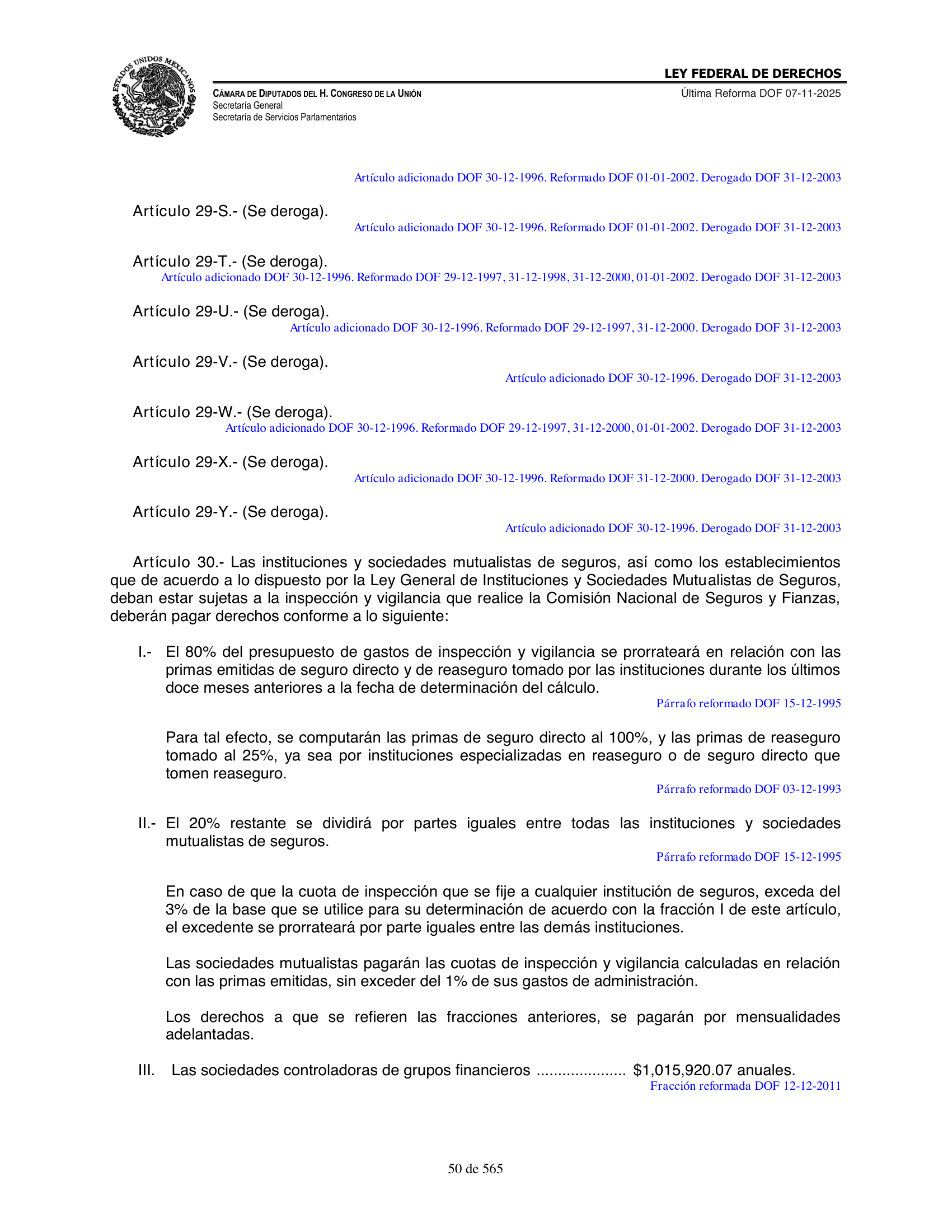 Ley Federal de Derechos — official Chamber compilation — original physical page 50 of 565; complete original page image governs, native search text may be incomplete.