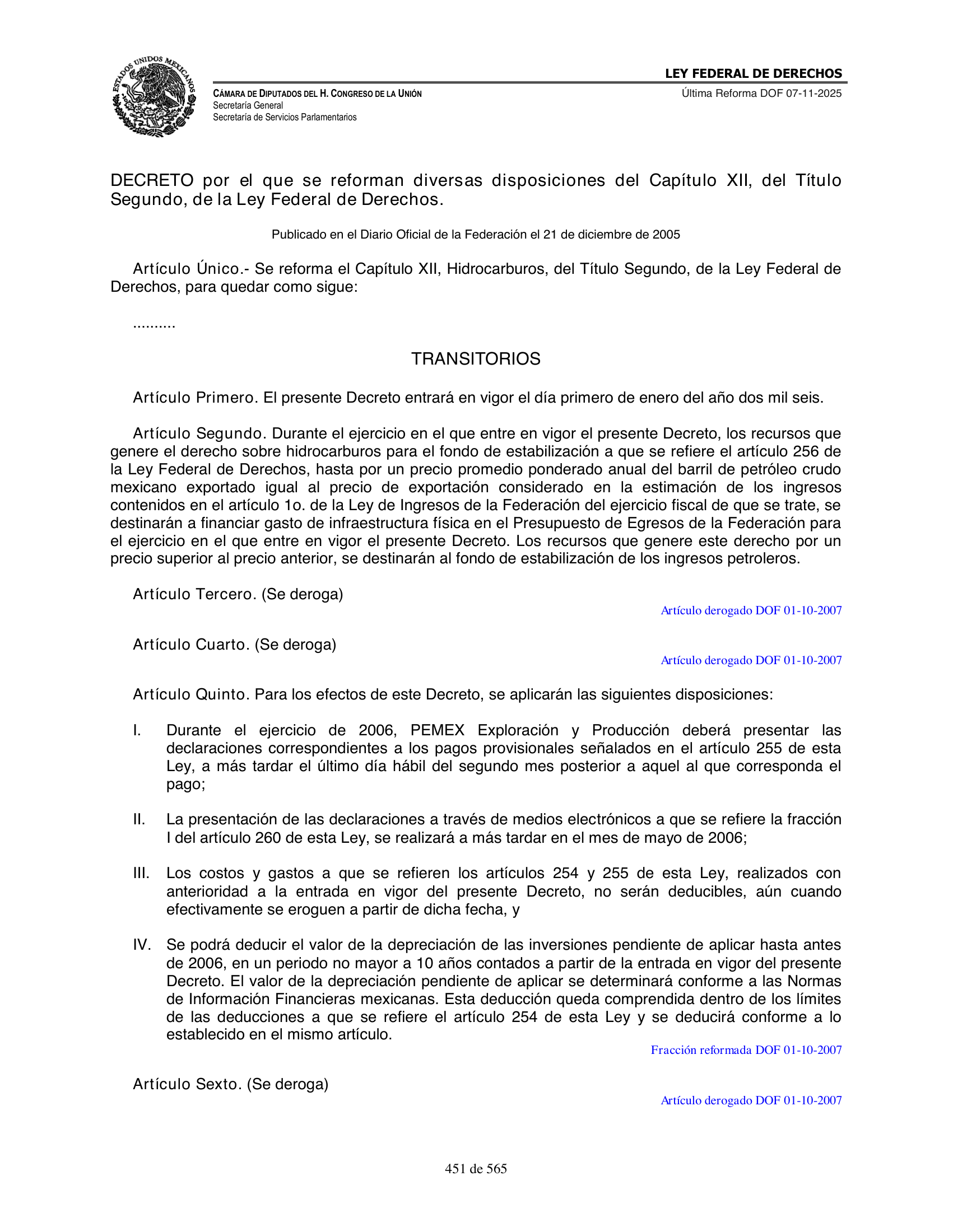 Ley Federal de Derechos — official Chamber compilation — original physical page 451 of 565; complete original page image governs, native search text may be incomplete.