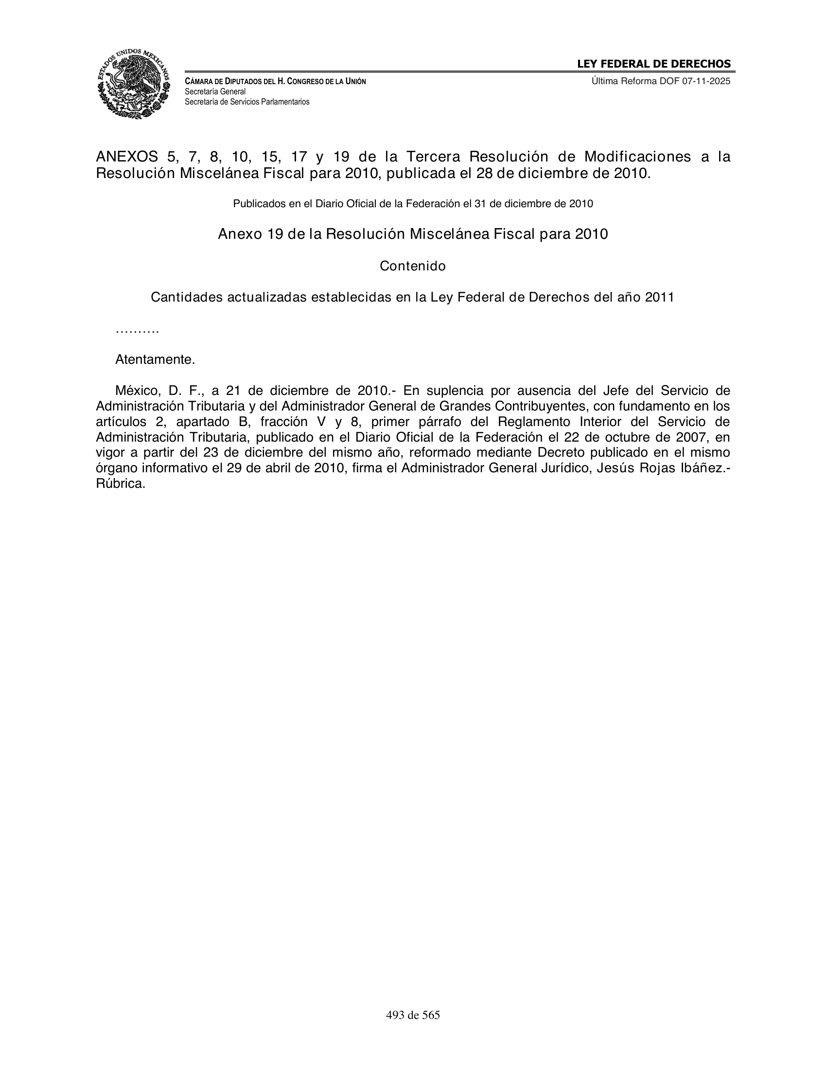 Ley Federal de Derechos — official Chamber compilation — original physical page 493 of 565; complete original page image governs, native search text may be incomplete.