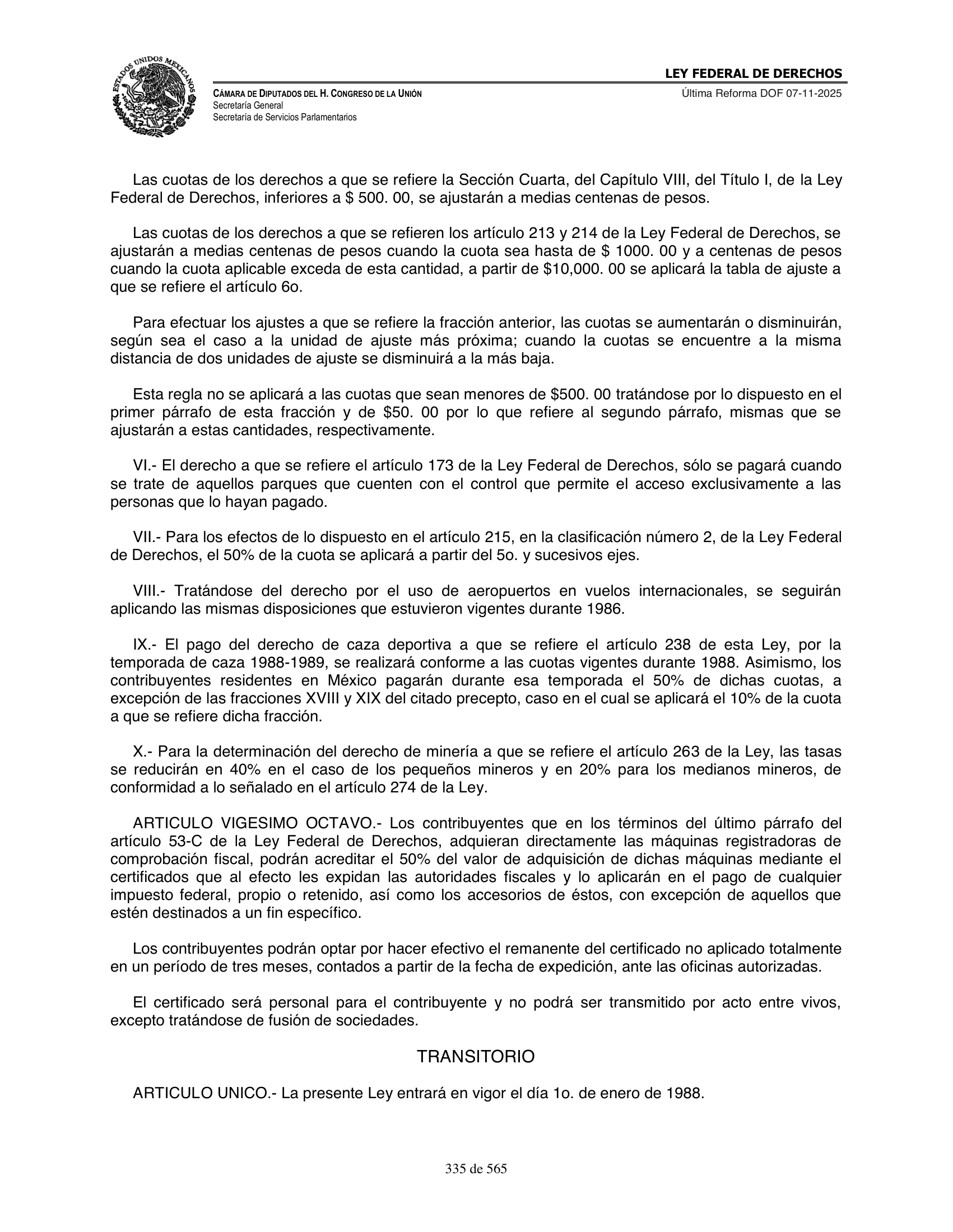 Ley Federal de Derechos — official Chamber compilation — original physical page 335 of 565; complete original page image governs, native search text may be incomplete.