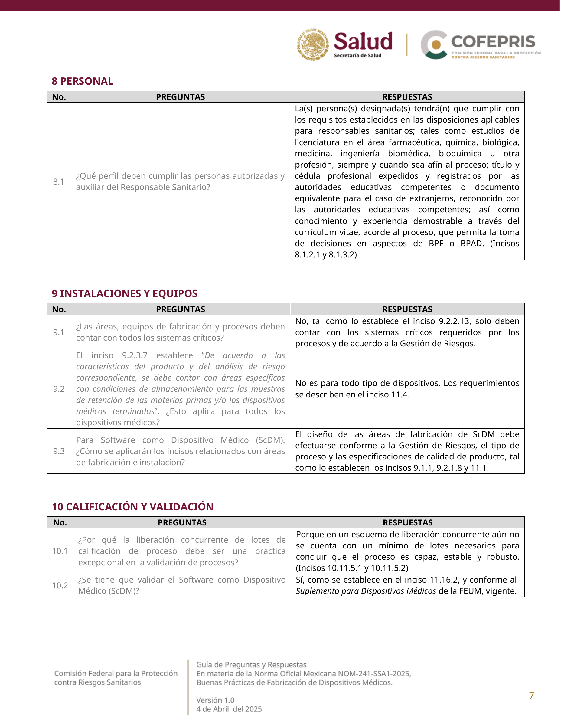 COFEPRIS NOM-241-SSA1-2025 questions and answers, version 1.0 — original physical PDF page 7; complete original page layout, table cells and figures retained.