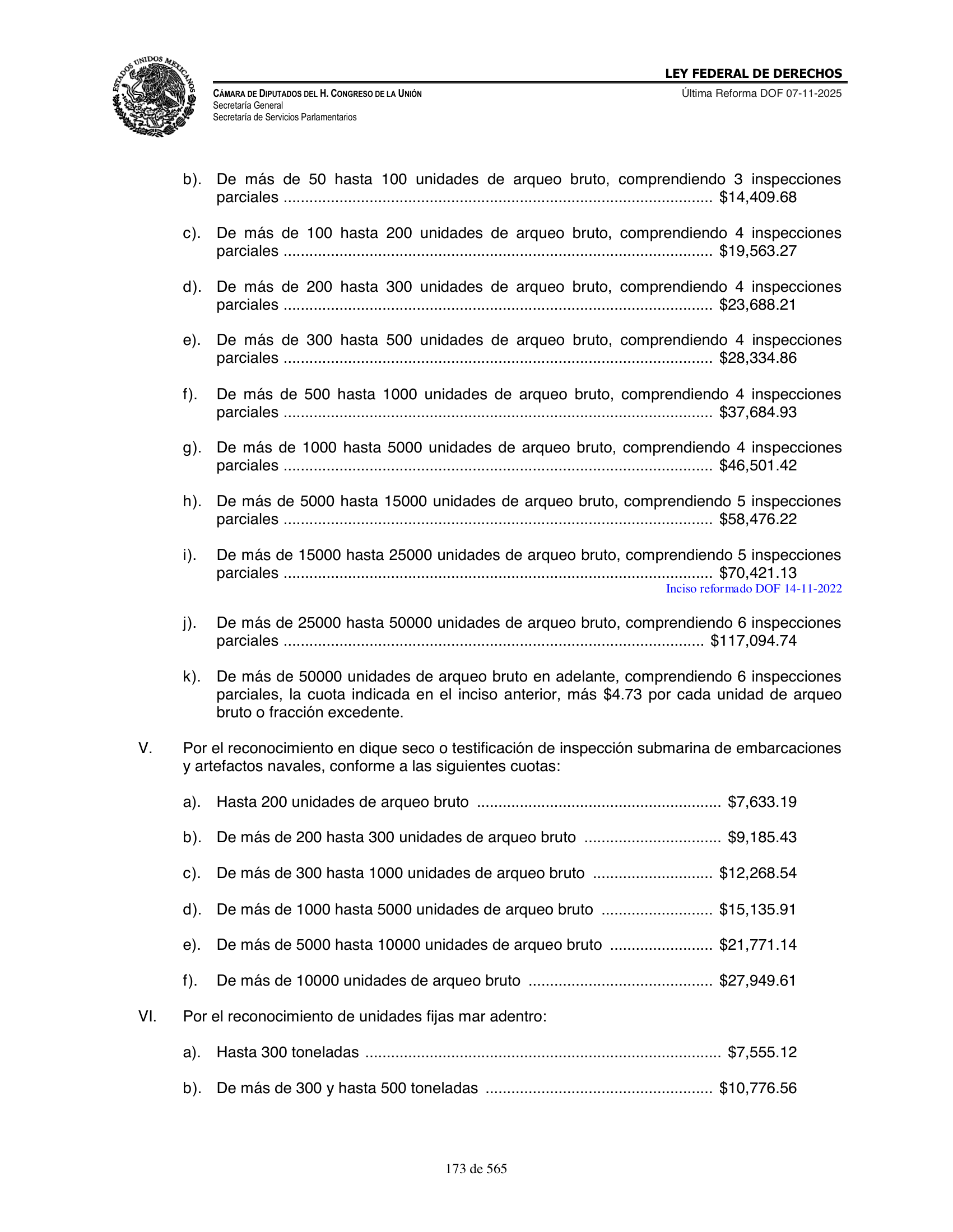 Ley Federal de Derechos — official Chamber compilation — original physical page 173 of 565; complete original page image governs, native search text may be incomplete.