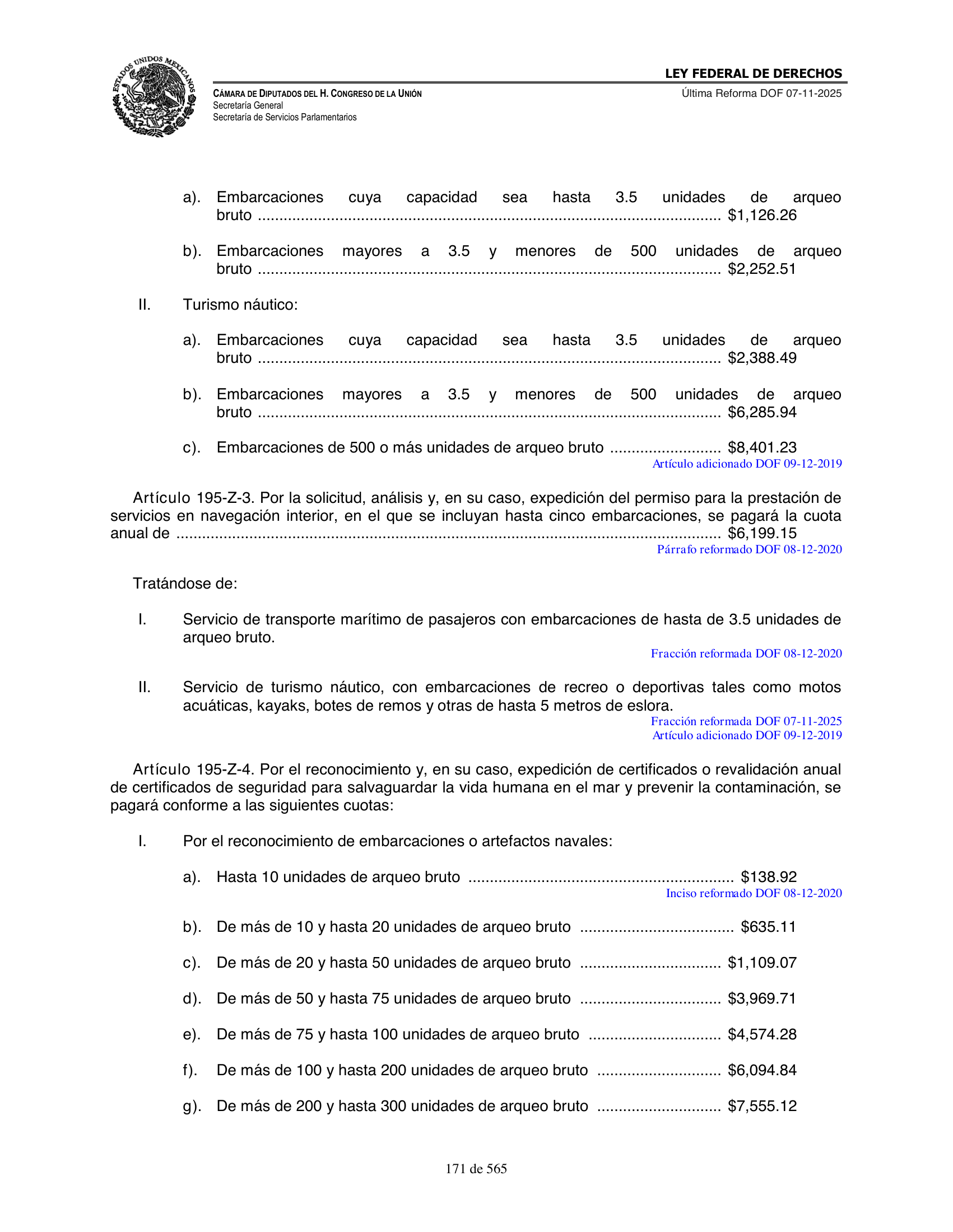 Ley Federal de Derechos — official Chamber compilation — original physical page 171 of 565; complete original page image governs, native search text may be incomplete.